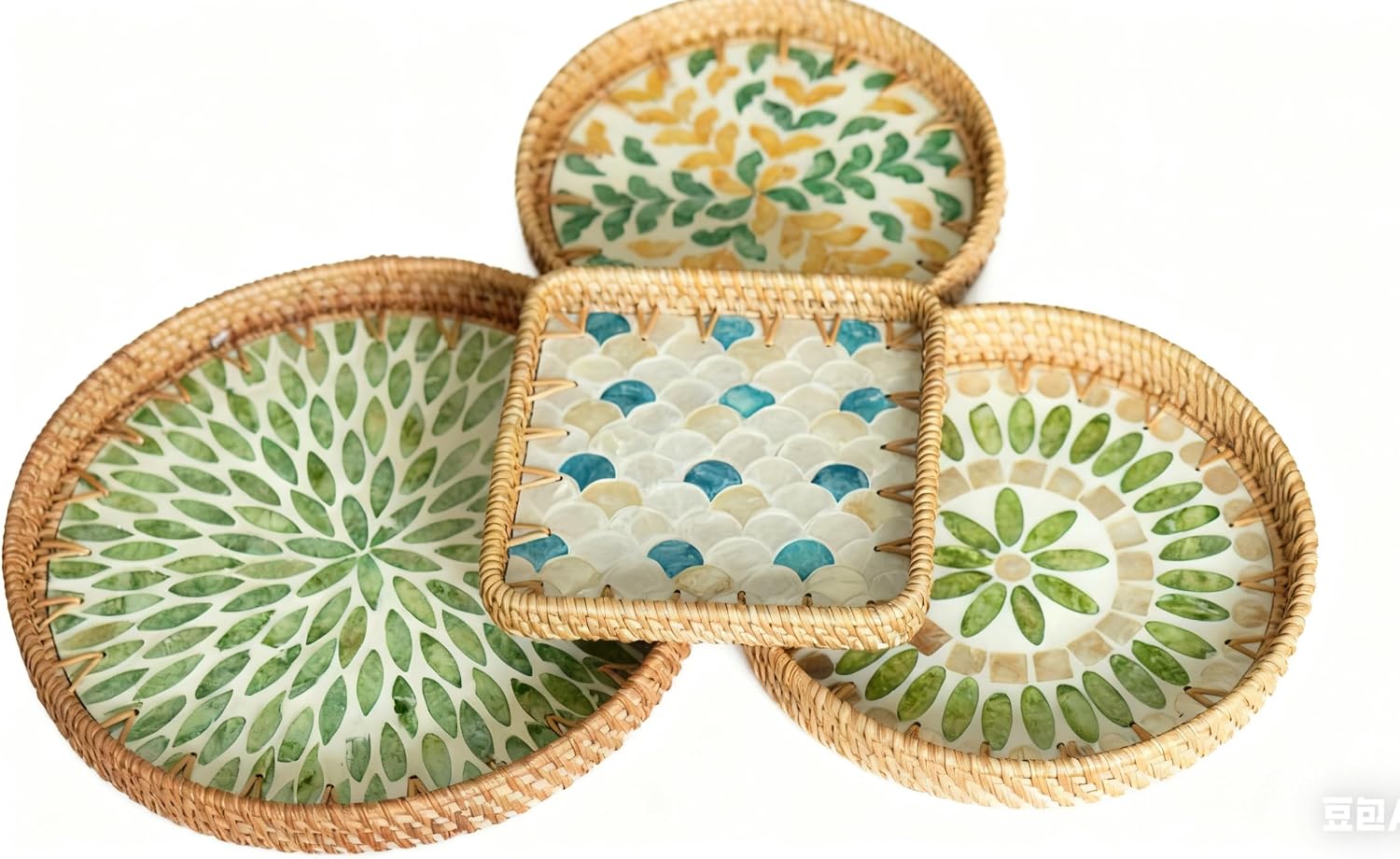Round Rattan Tray / Emerald Bloom / Set of 3