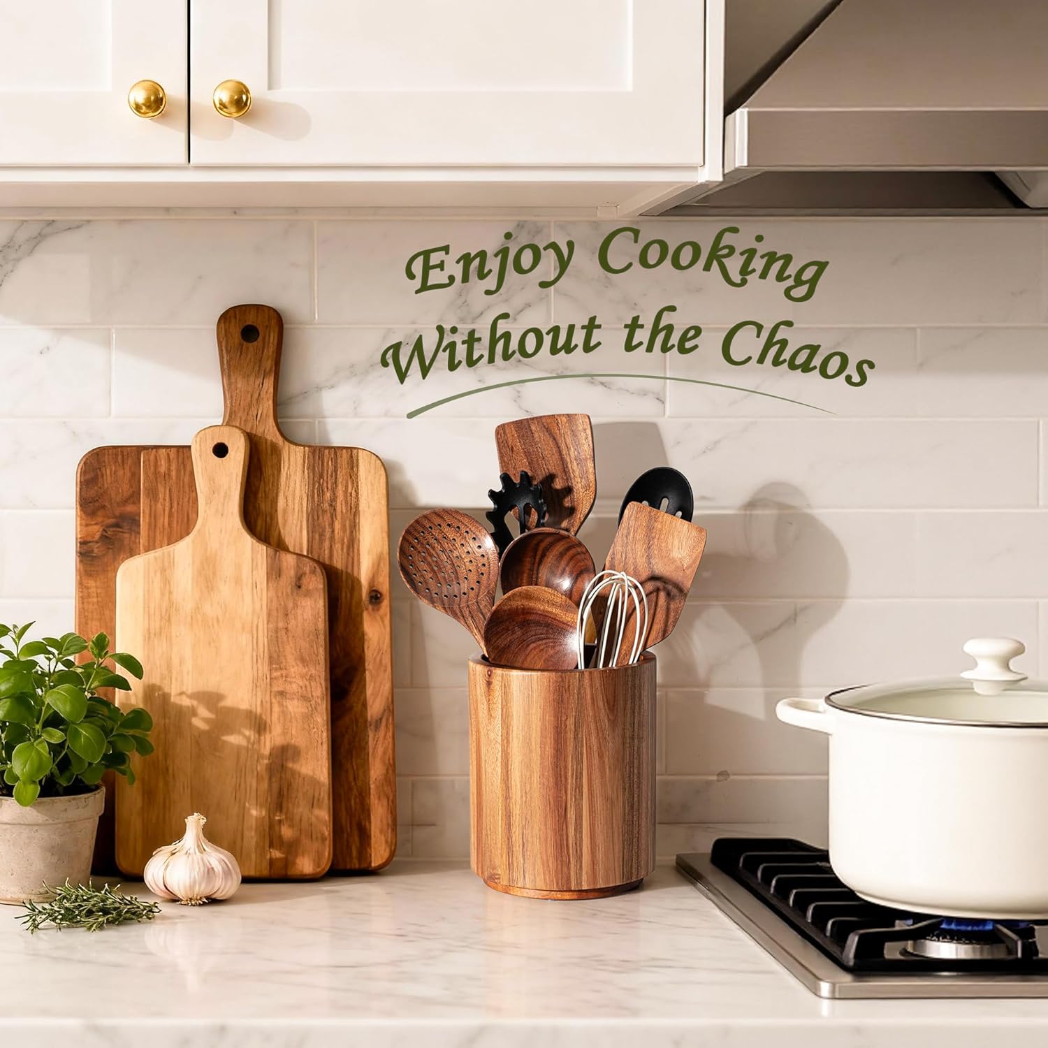 Utensil Holder 3 Pack, 360° Rotating Acacia Wood Cooking Utensil Crocks for Kitchen Counter, Farmhouse & Modern Decor