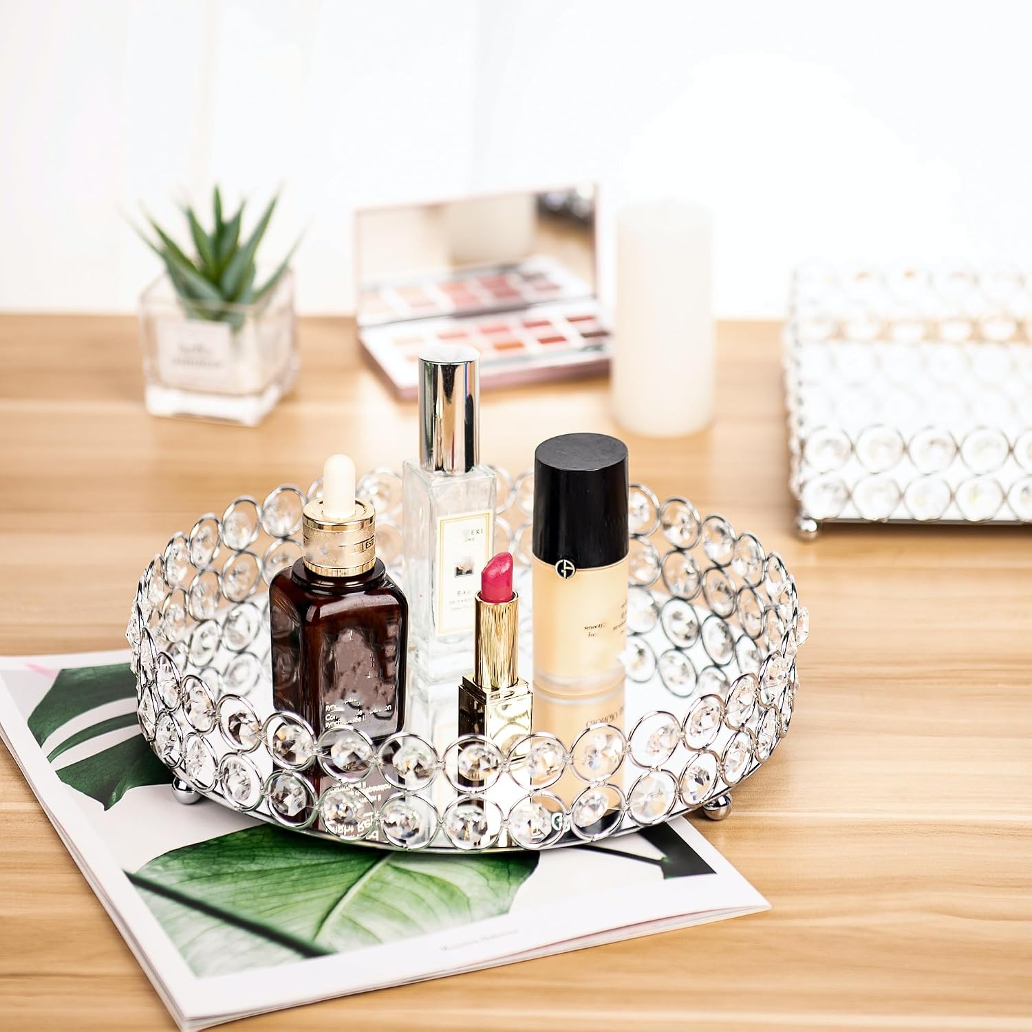 Crystal Perfume Tray Cosmetic Makeup Vanity Tray Jewelry Trinket Organizer Mirrored / Silver