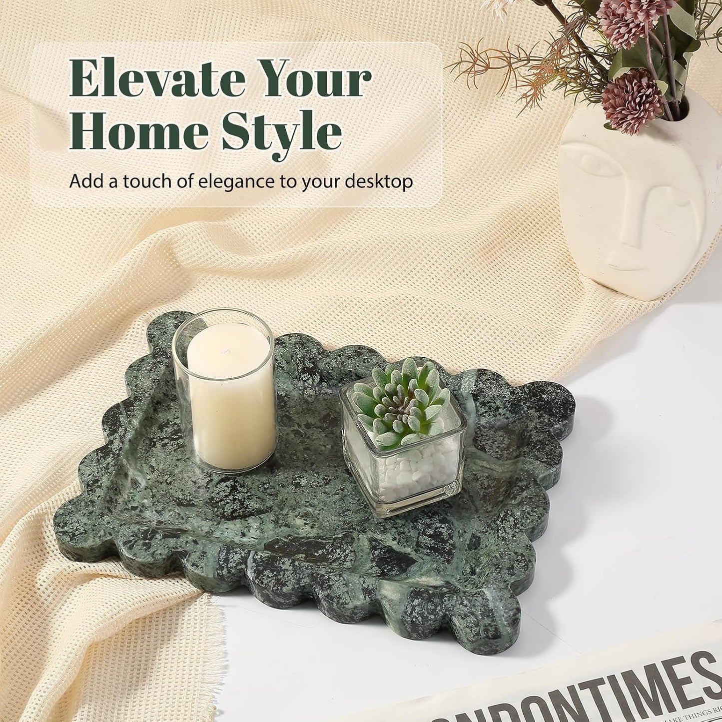 Scalloped Marble Tray / Green / 11 x 7.9 x 0.7