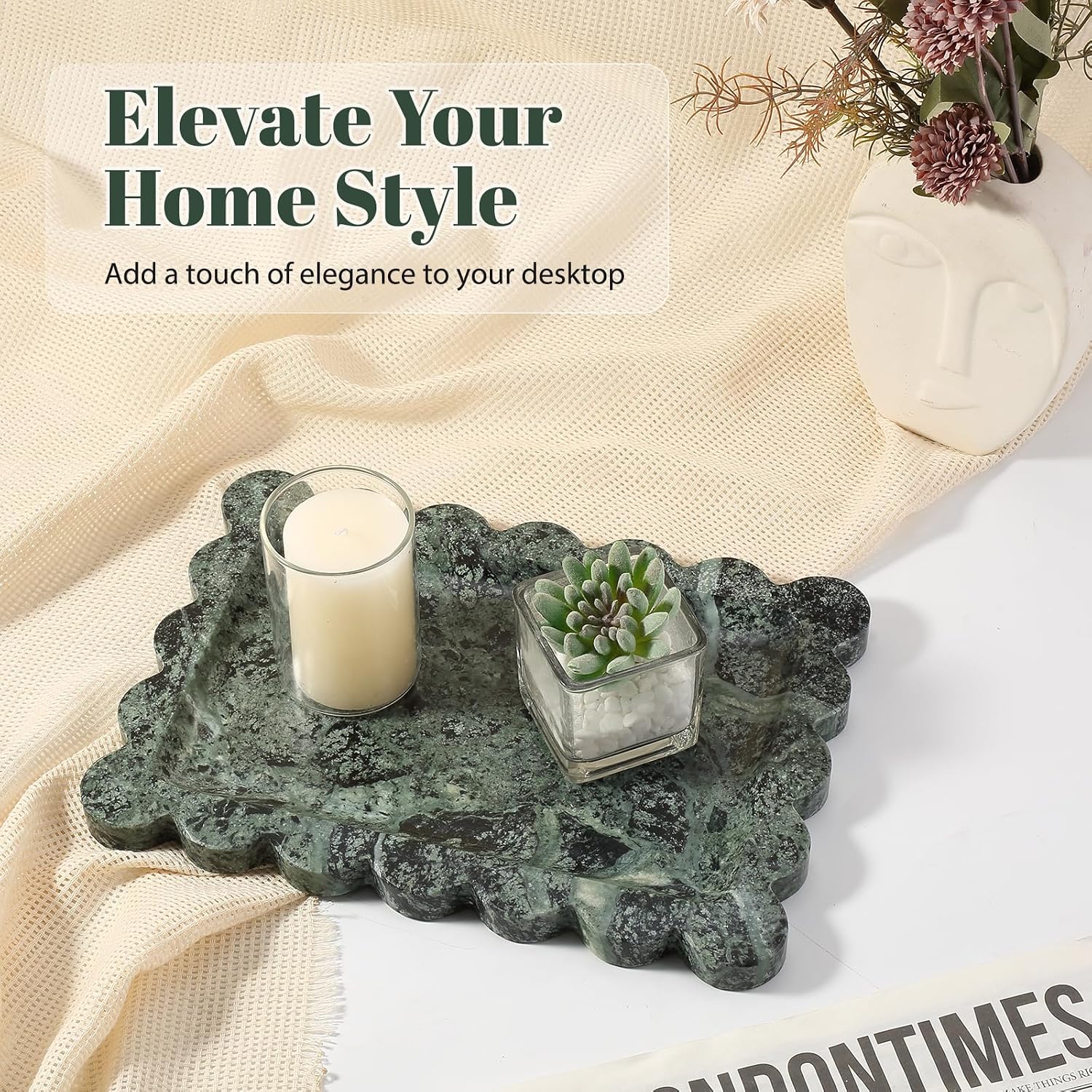 Scalloped Marble Tray / Green / 11 x 7.9 x 0.7