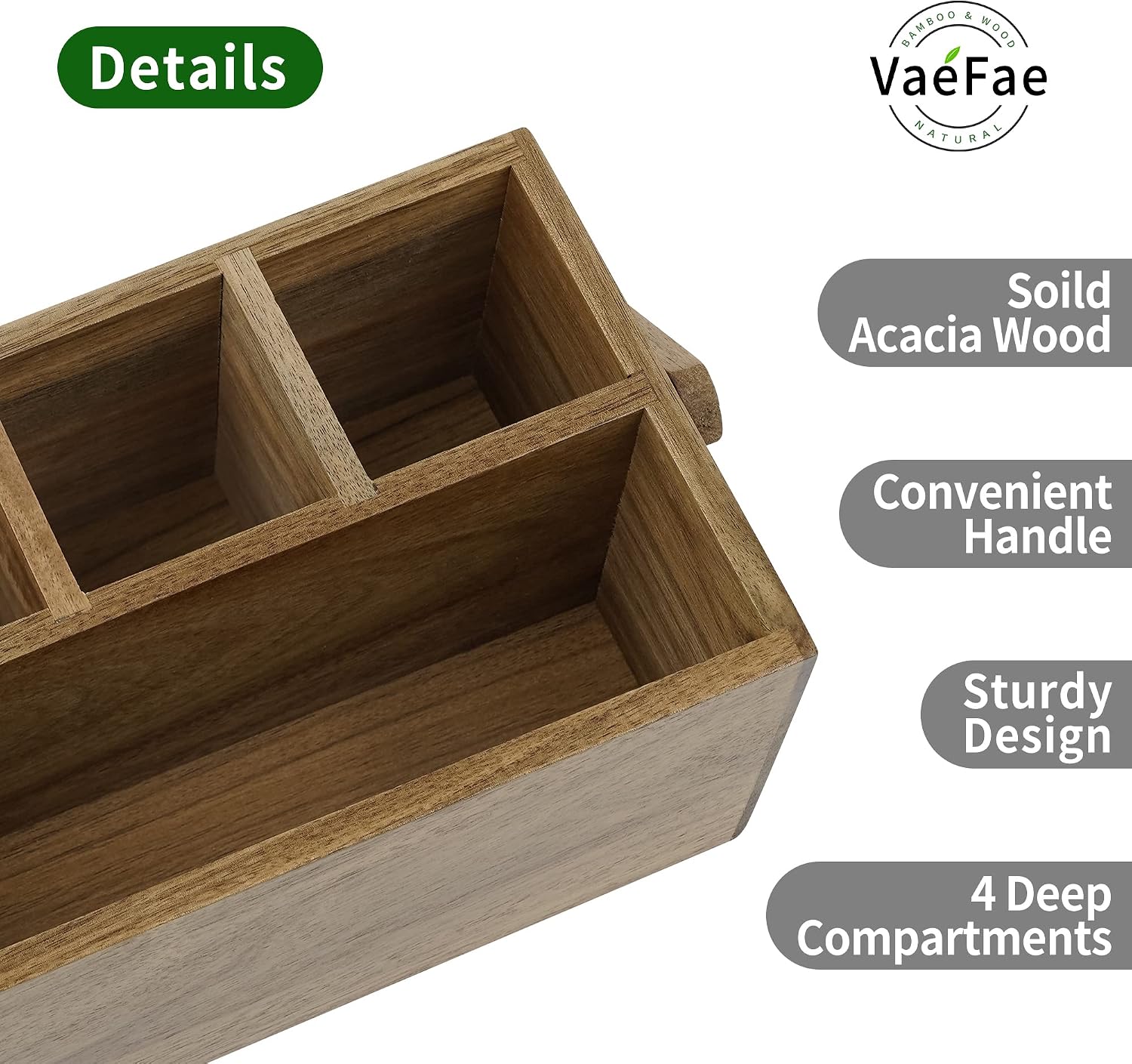 VaeFae Acacia Silverware Caddy, Utensil Holder with Handle, Medium | Kitchen Cutlery Organizer Countertop, Holds Paper