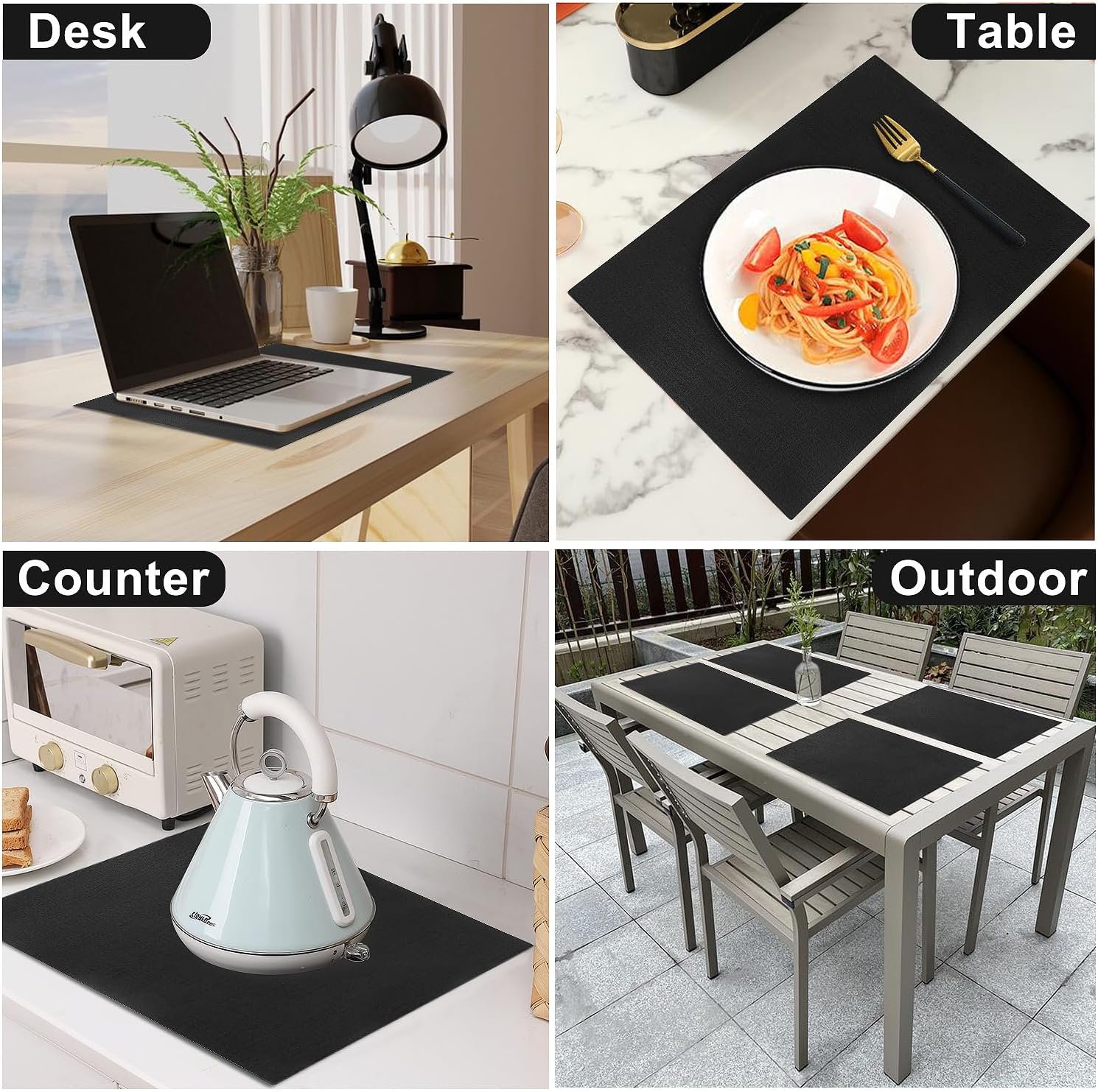 Leather Heat Resistant Placemats Set of 6 Waterproof Wipeable Washable PU Table Mats,Easy to Clean Anti-Slip (6, Black)