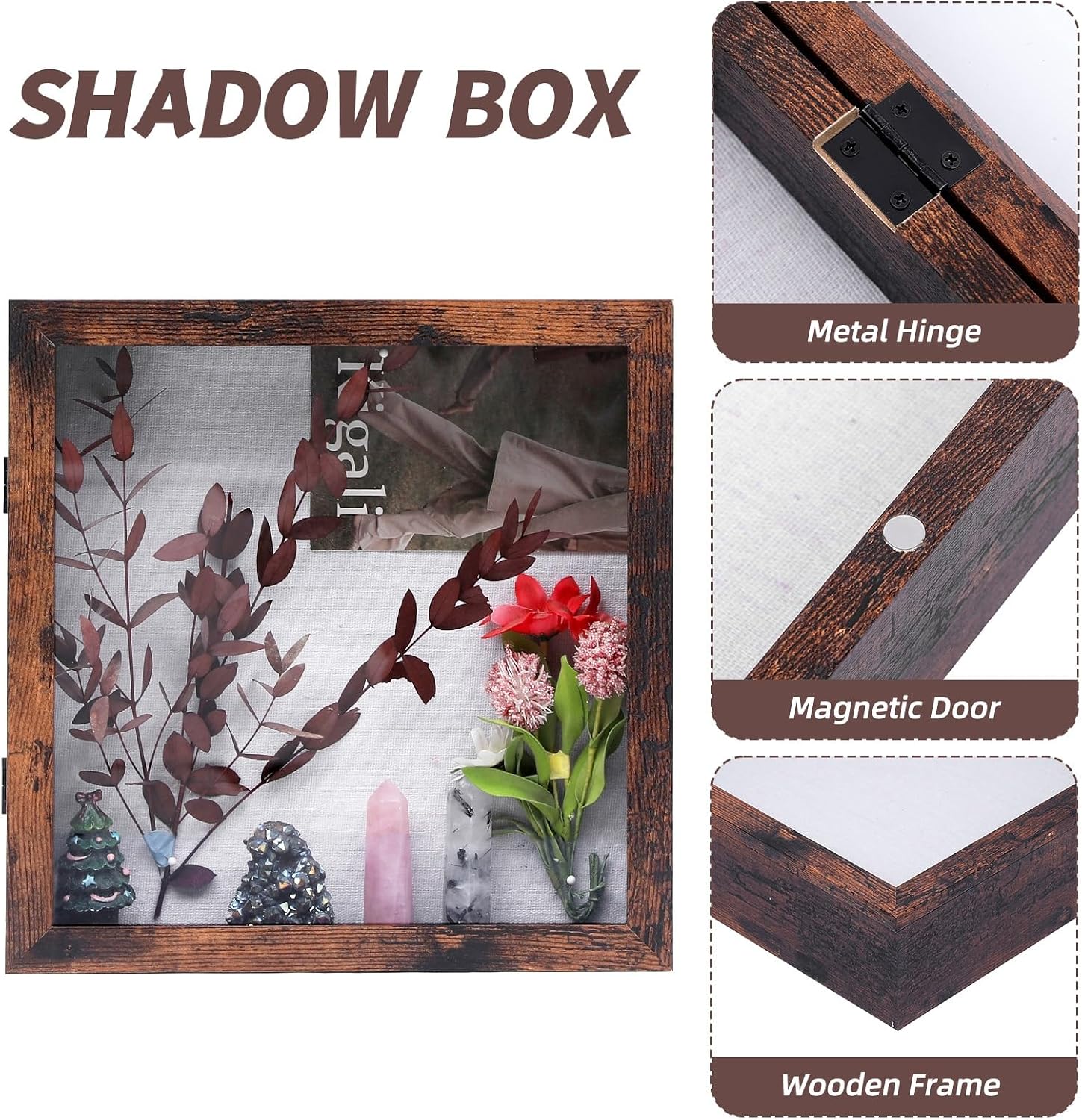 Muzilife 11x11 Shadow Box Picture Frame, 2.16 Deep, Real Glass, Honey Brown | FSC-Wood, Magnetic Door, Linen Interior &