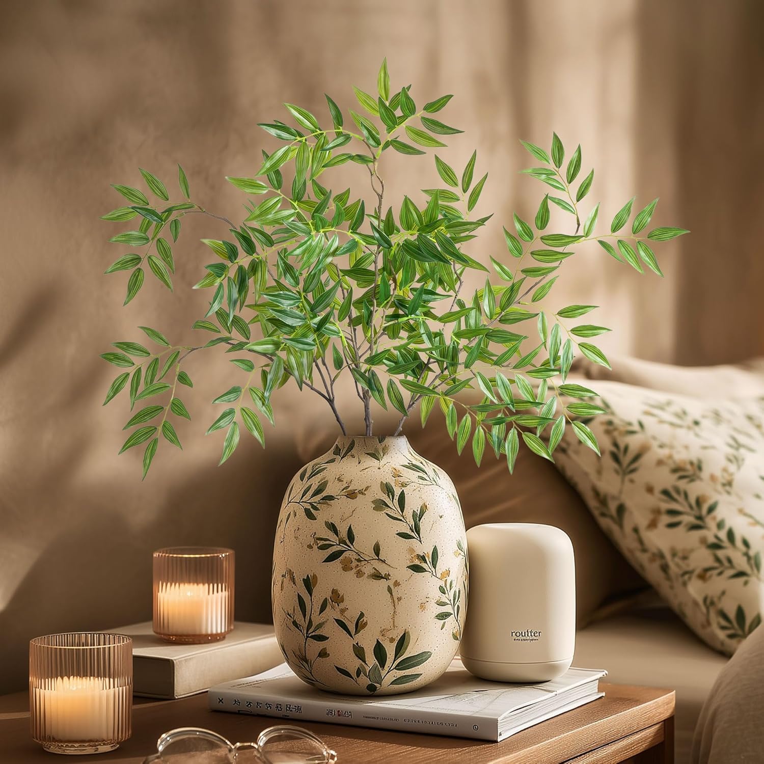 Fake Plants Faux Bamboo Leaves Stems Artificial Greenery Stems Artificial / Green-zyj4 / 32.3 Inch