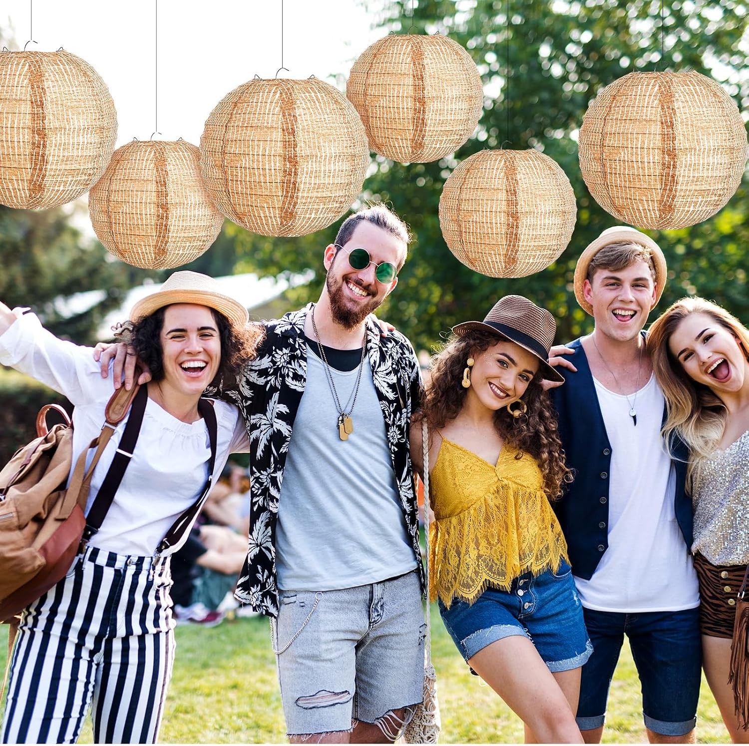 Print Burlap Paper Lanterns Round Chinese Paper Lanterns Farmhouse Boho / 8/10 Inch / Set of 6