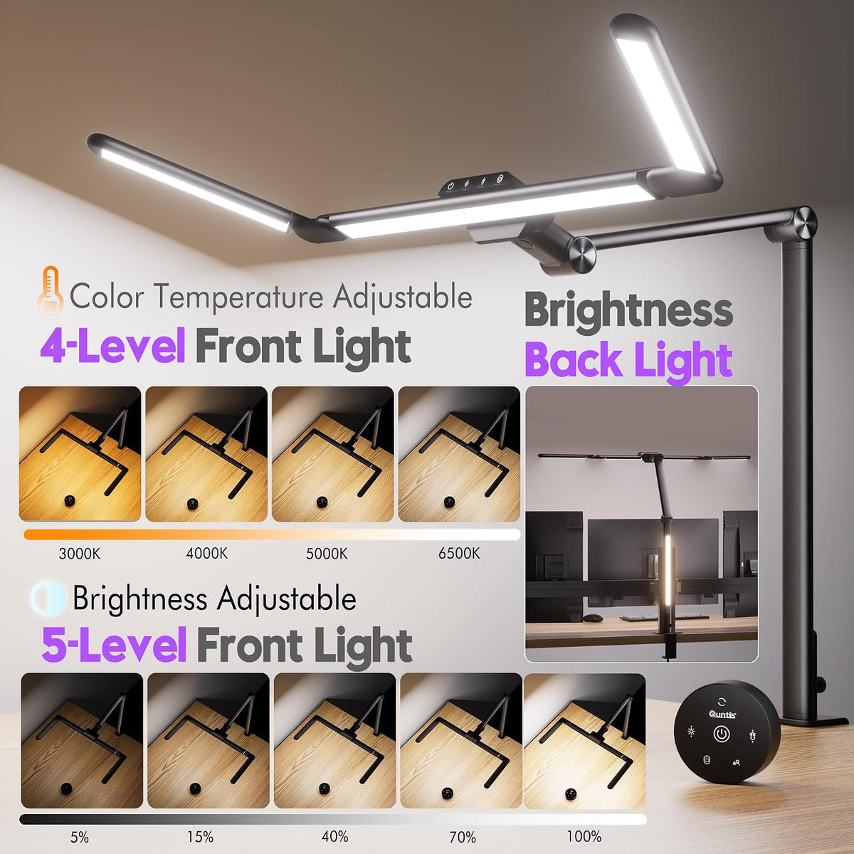 Quntis 32.3" Eye Care Architect Desk Lamps with Clamp for Office Home Dorm | 1100LM Bright, Ambient Backlight, Radar