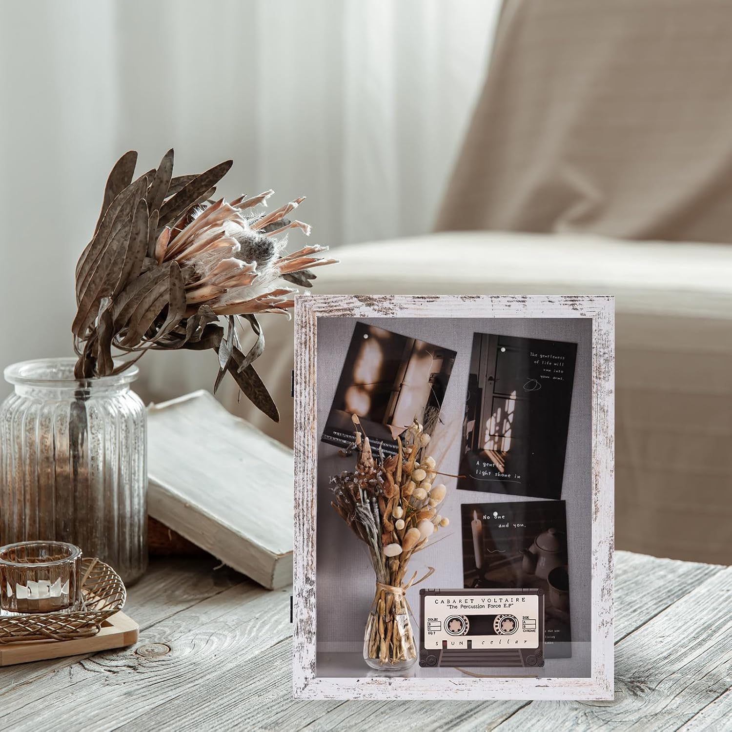 Muzilife 11x14 Shadow Box Picture Frame, 2.16 Deep, HD Glass, Rustic White | FSC-Wood, Magnetic Door, Linen Interior &