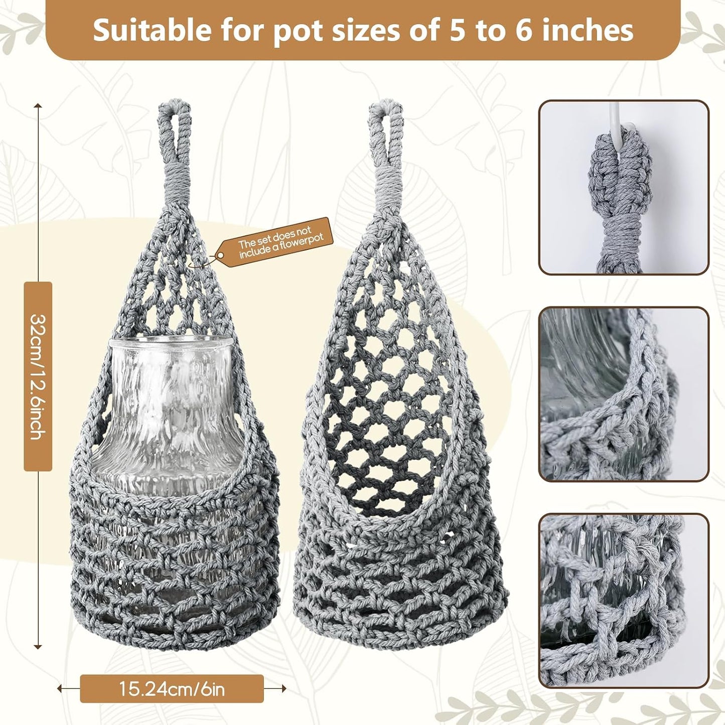 Macrame Wall Plant Hanger / Gray / 6-inch / 6 Inch