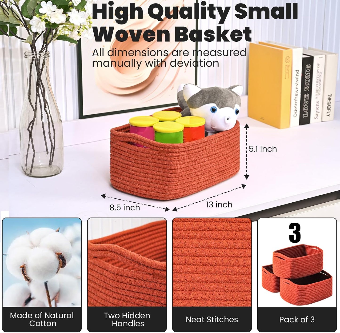 Small Red Woven Baskets for Organizing / 13 x 8.5 x 5.1 / Brick Red