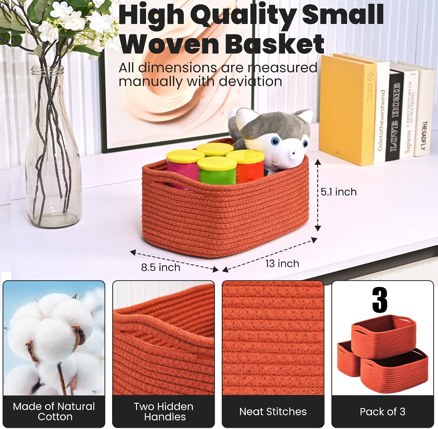 Small Red Woven Baskets for Organizing / 13 x 8.5 x 5.1 / Brick Red