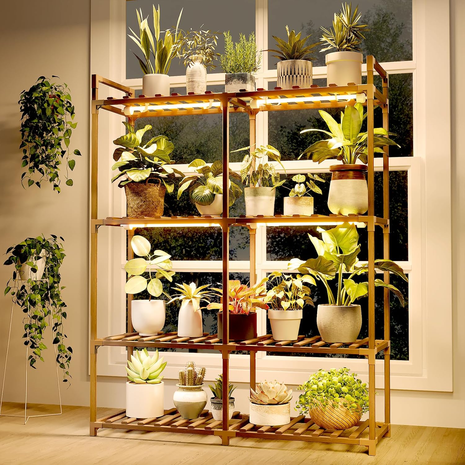 Bamworld Plant Stand with Grow Lights for Indoor Plants Wood Plant Shelf | 4 Tier Large Flower Stand for Mutiple Plant