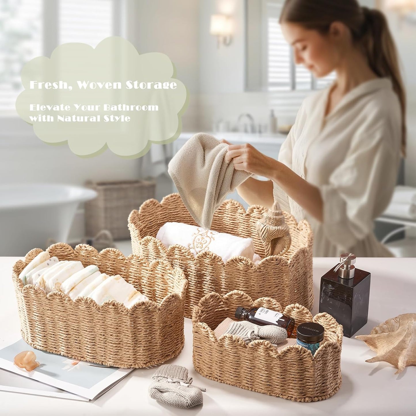 Scalloped Basket / Wicker Storage Baskets / Set of 3