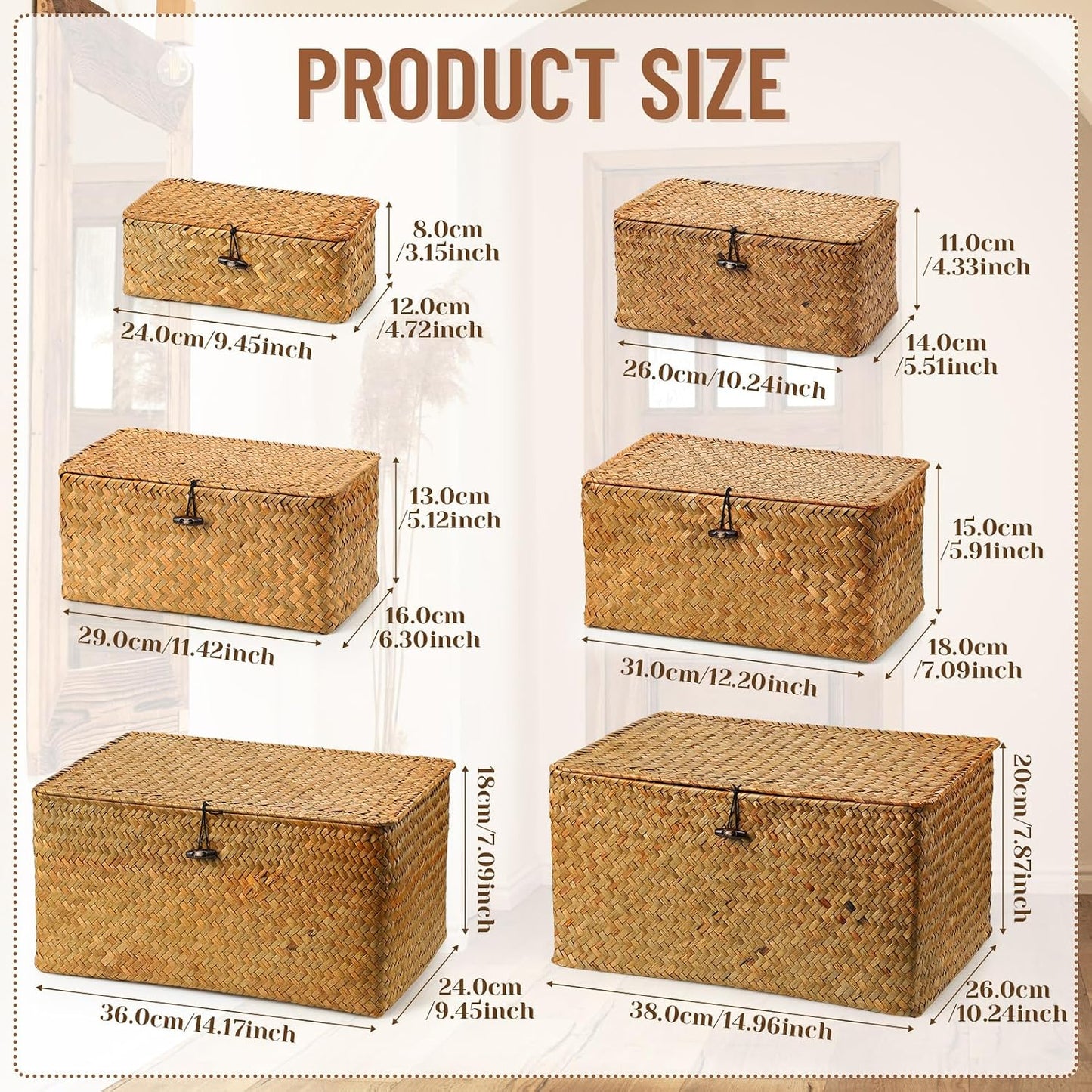 Seagrass Basket / Lids Bin Woven Organizer / Yellow Brown / Classic Style / Set of 6