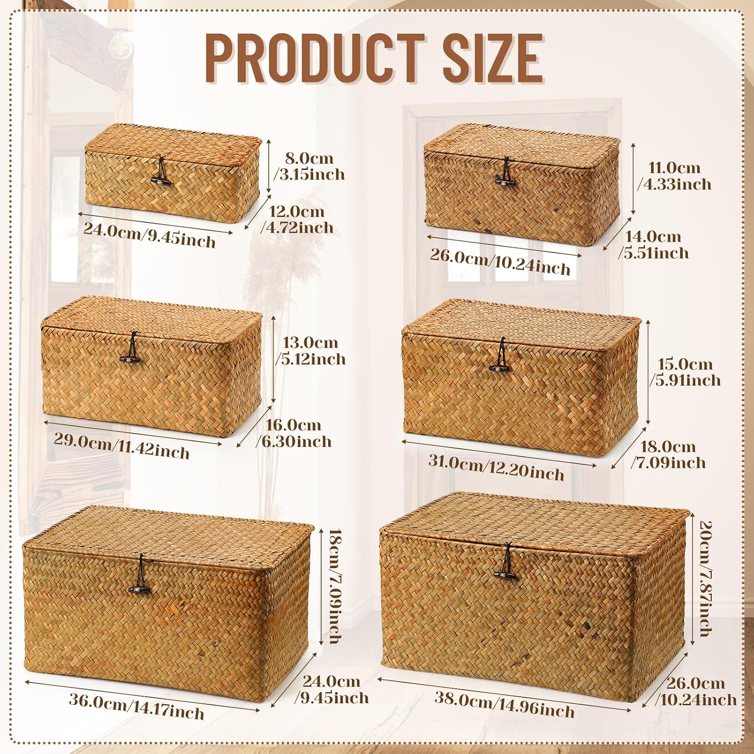 Seagrass Basket / Lids Bin Woven Organizer / Yellow Brown / Classic Style / Set of 6