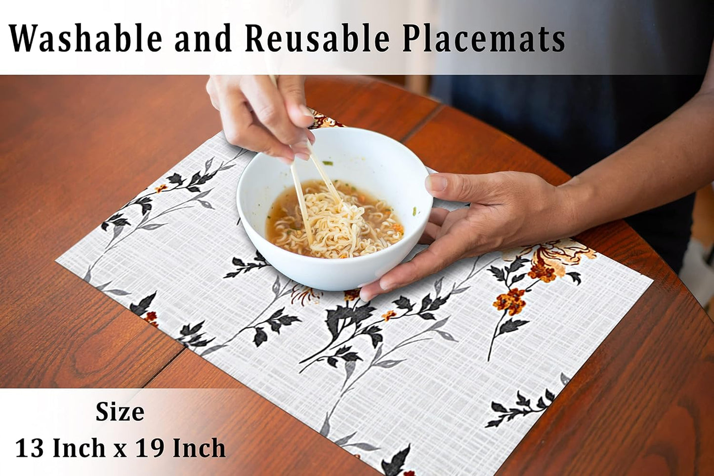 Ruvanti Placemats Set of 6, 100% Cotton Place Mats of 13"x19" – Grey Floral | Heat, Stain resistant, Washable