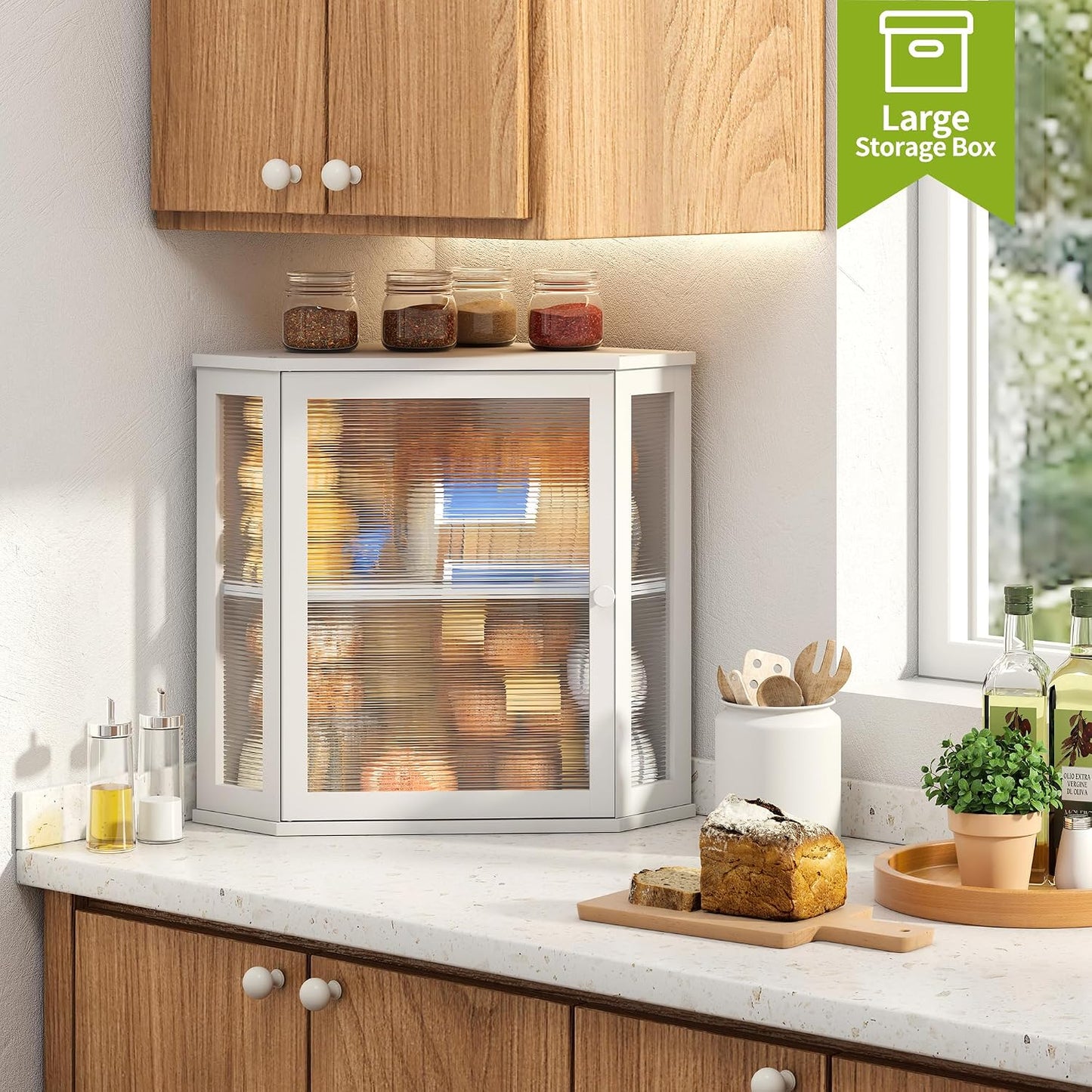 BMOSU Corner Bread Box for Kitchen Countertop Double Layer Bamboo Wooden Bread box Large Capacity Bread Storage
