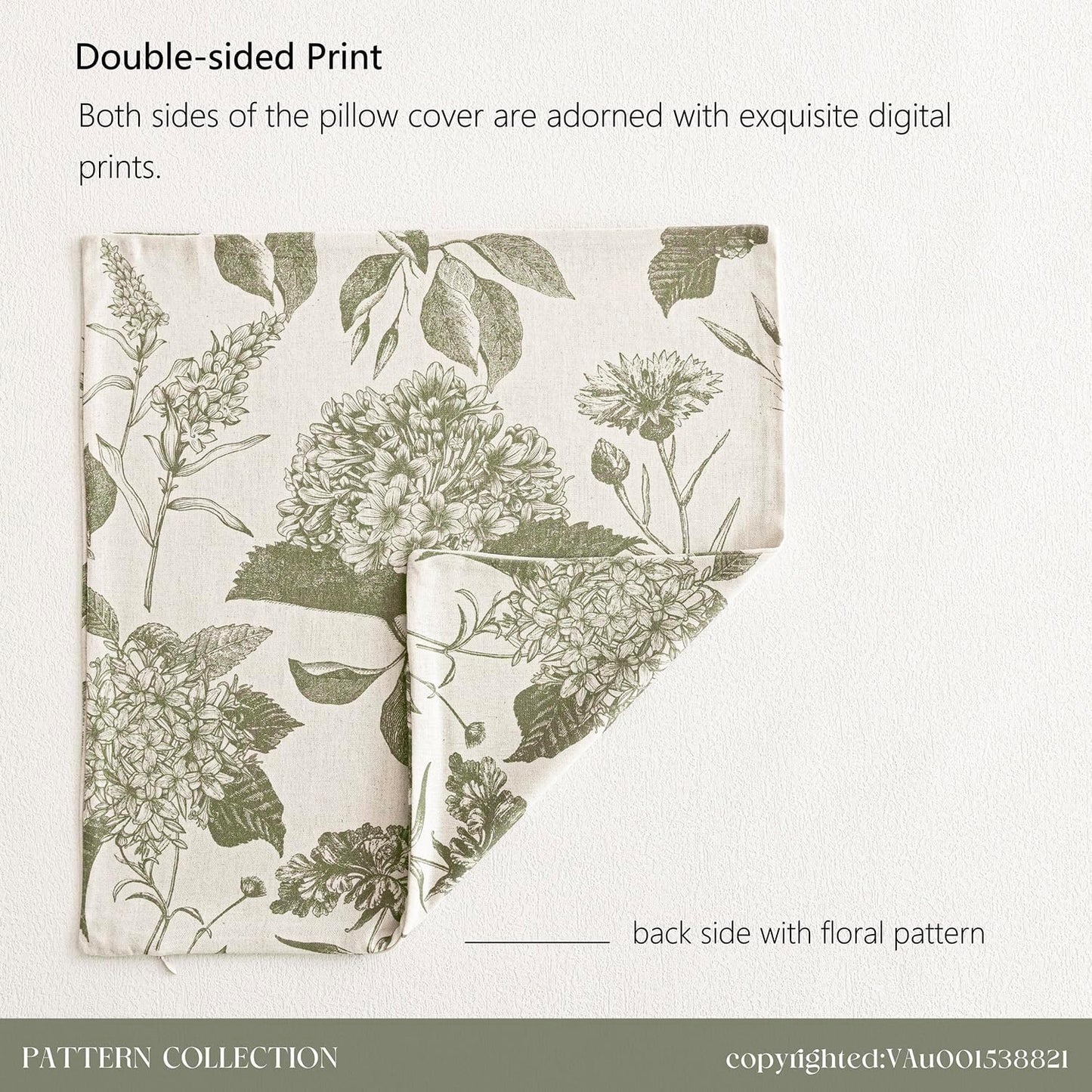 Linen Floral Vintage Throw Pillow Covers Neutral Accent Print / 18 x 18 / Cedar Green / Set of 2