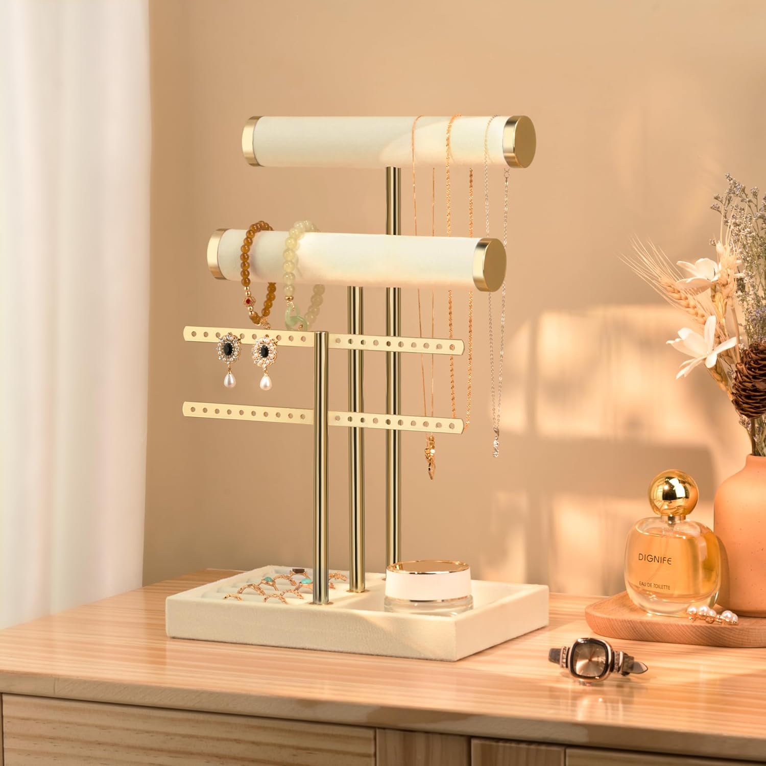 Detachable T Bar Velvet Bracelet Holder / Beige / Standard