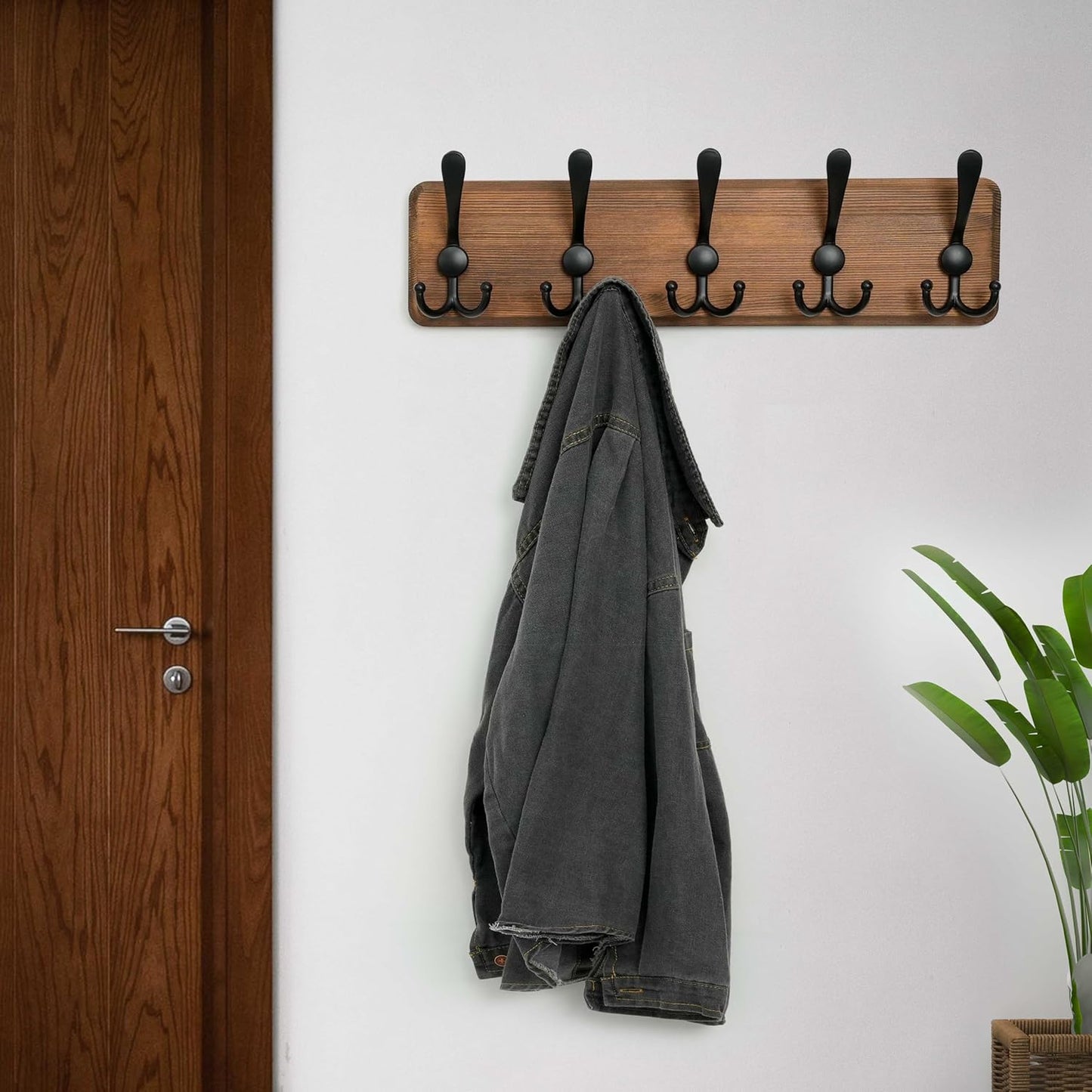 WEBI Rustic Coat Rack Wall Mount,Solid Wood Coat Hooks Wall Mounted Coat Hanger,16" Hole to Hole,Hook Rack Rail,5
