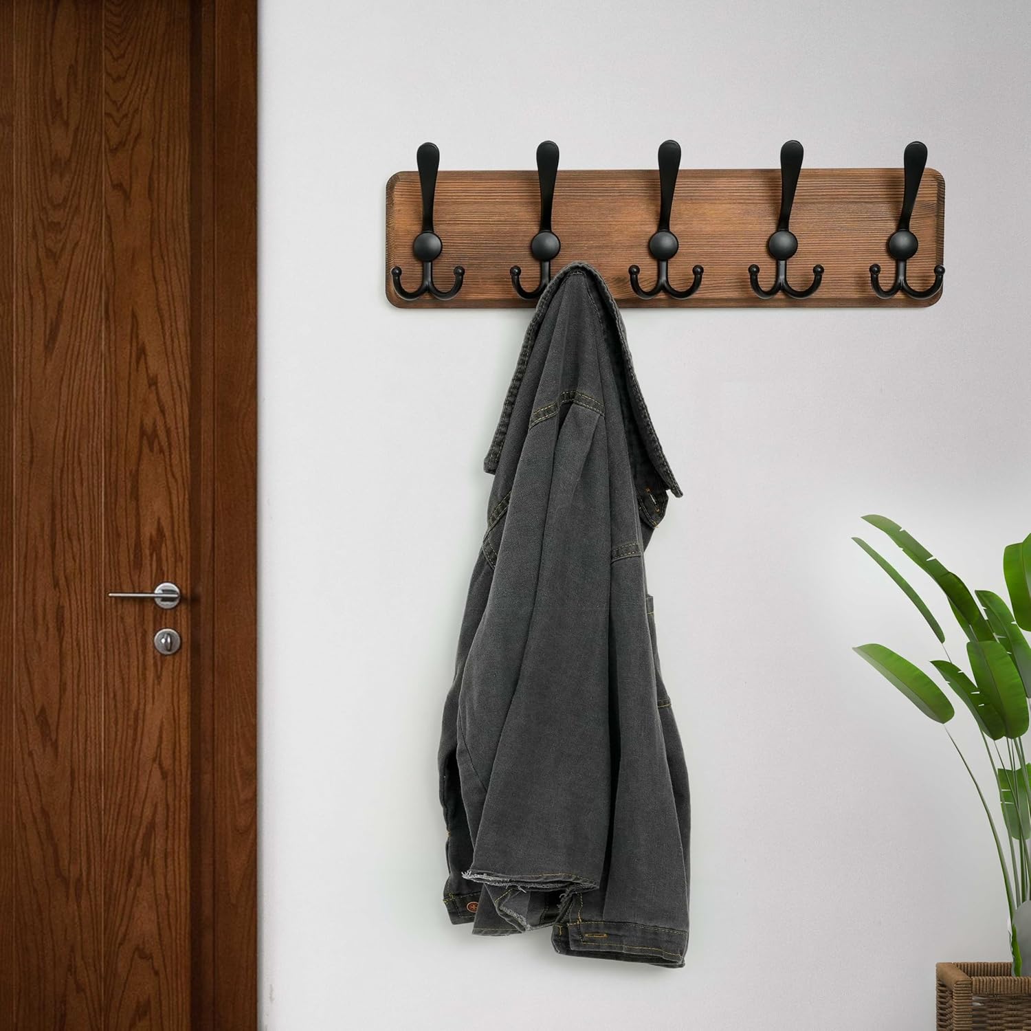 WEBI Rustic Coat Rack Wall Mount,Solid Wood Coat Hooks Wall Mounted Coat Hanger,16" Hole to Hole,Hook Rack Rail,5