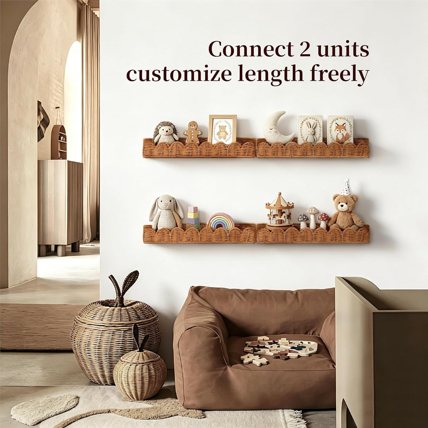 Natural Rattan Scalloped Floating Shelves / Brown
