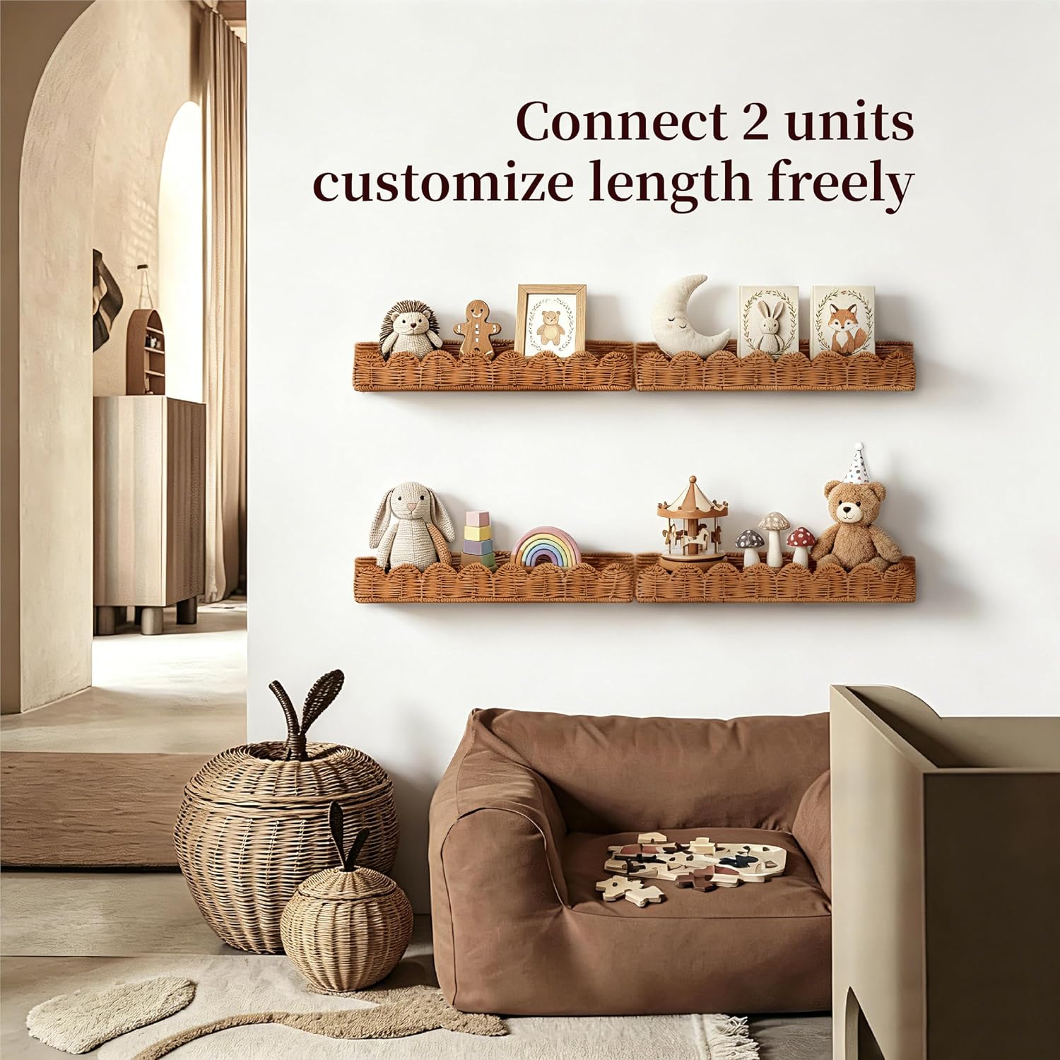 Natural Rattan Scalloped Floating Shelves / Brown