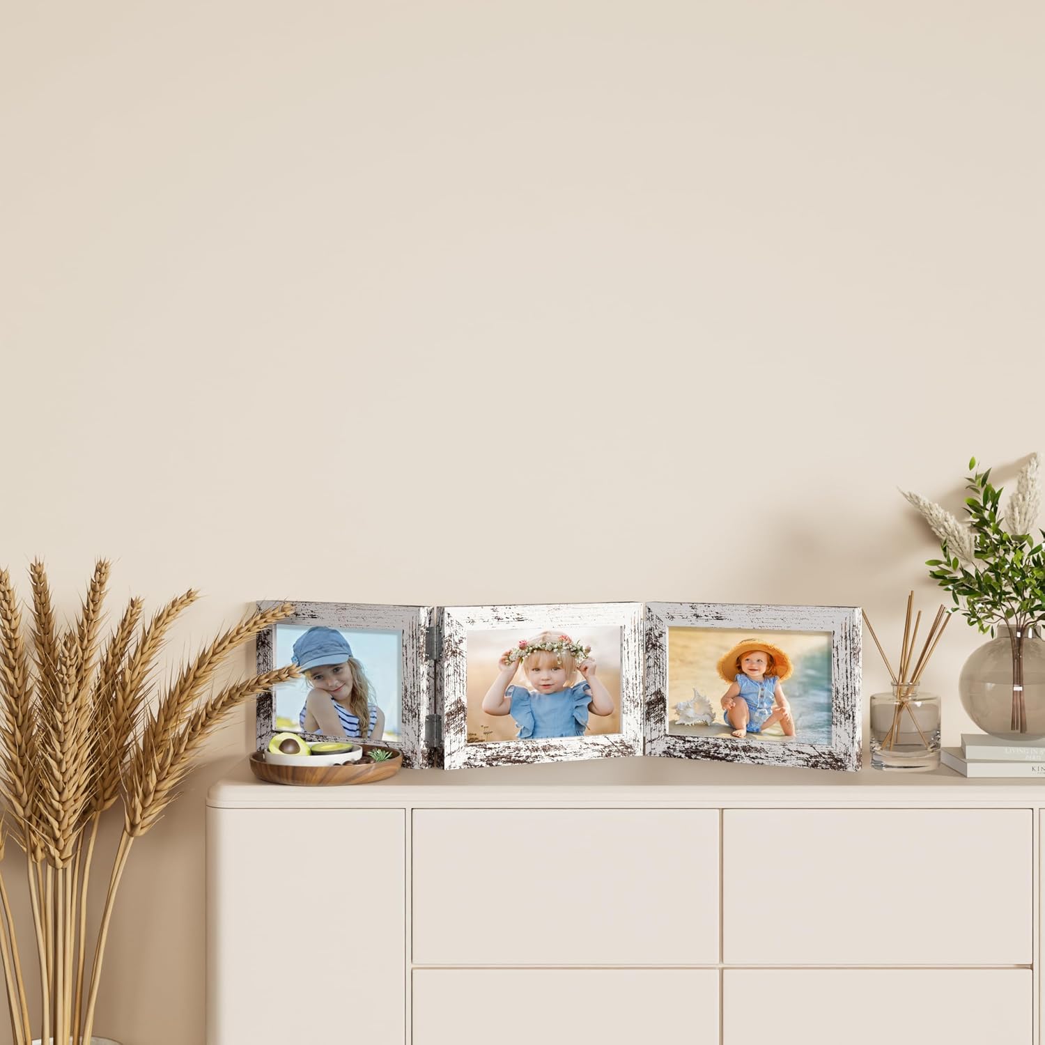 decorUhome Distressed White Triple 7x5 Picture Frame Horizontal, MDDW08 | "Z" Shape Folding Design Engineered Wood