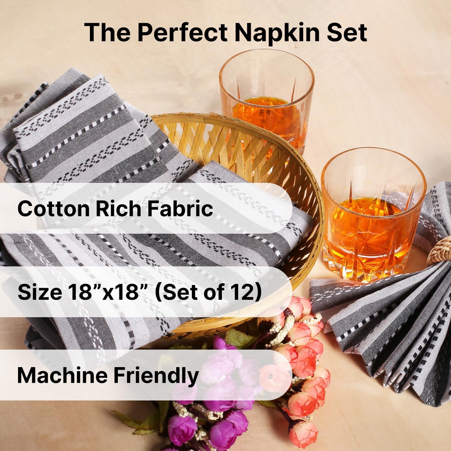 LFH Home Cotton Rich Cloth Salsa Napkin Set of 12 Washable Soft Durable Striped Table Napkins for Dining Wedding, Daily
