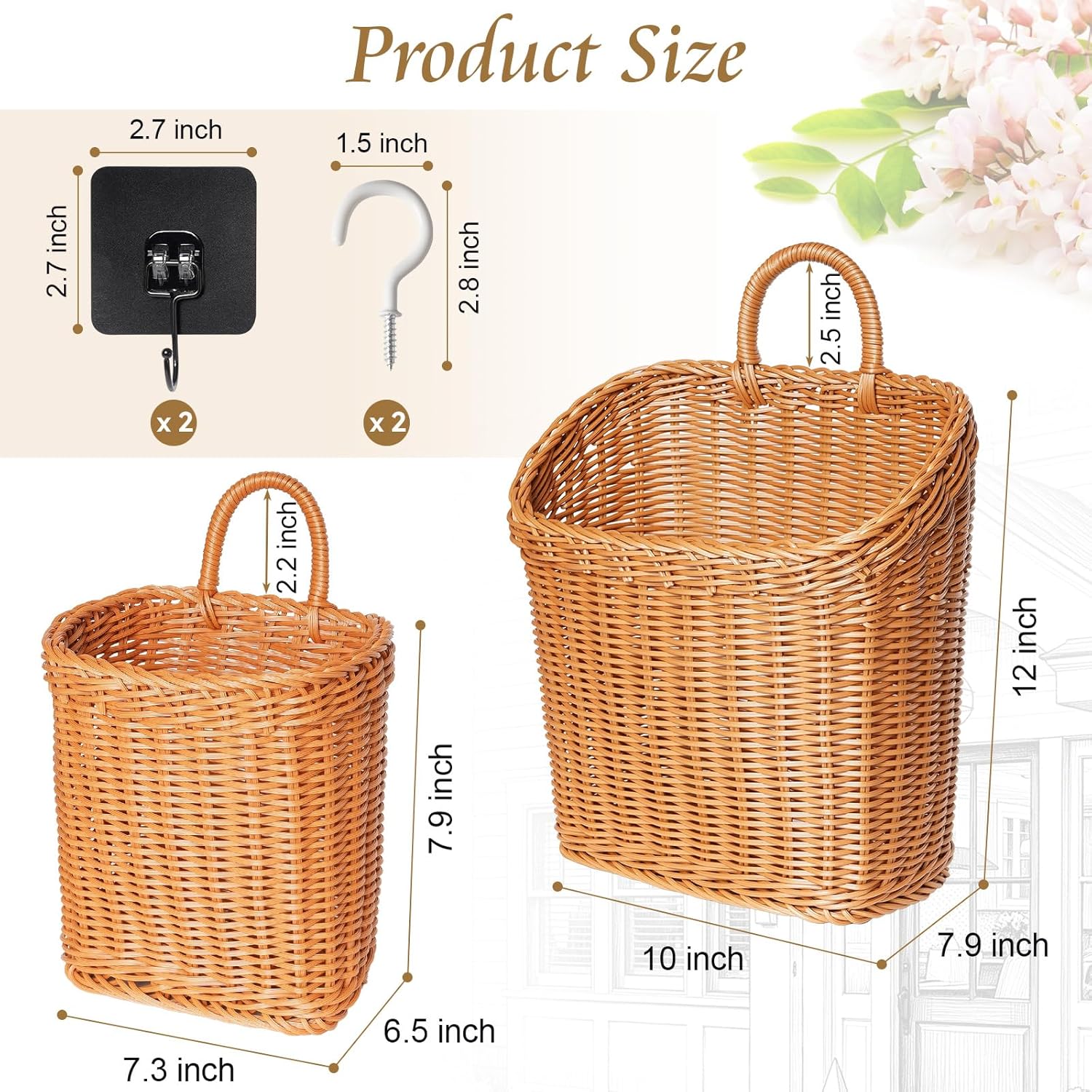 Handmade Woven Hanging Waterproof Plastic Rattan Wicker Basket / Set of 2