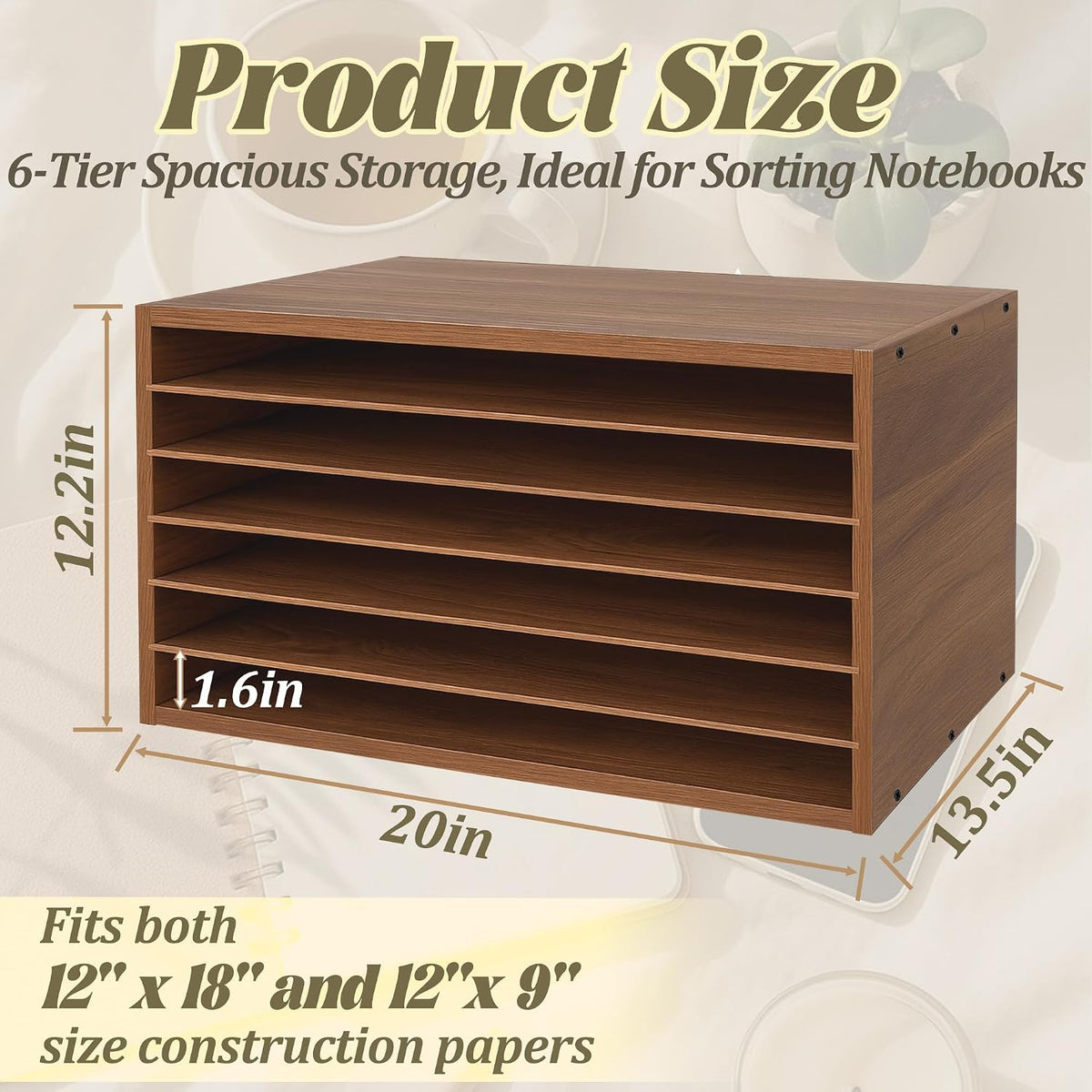 Construction Paper Organizer 20" x 13.5" x12.2",Soild Wooden Paper Organizer with 6-Tier Letter Trays, Desktop File
