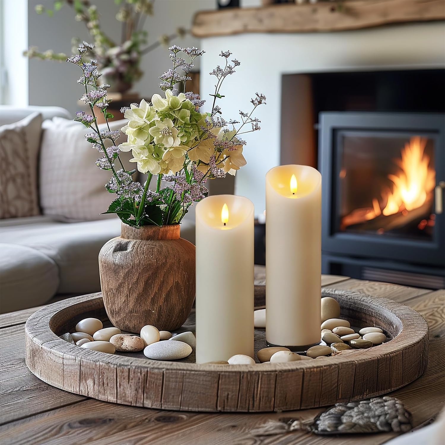 5plots 9" x 3" Flickering Flameless Candles - Battery Operated Wax LED Candles - Amber Yellow Light with Remote and