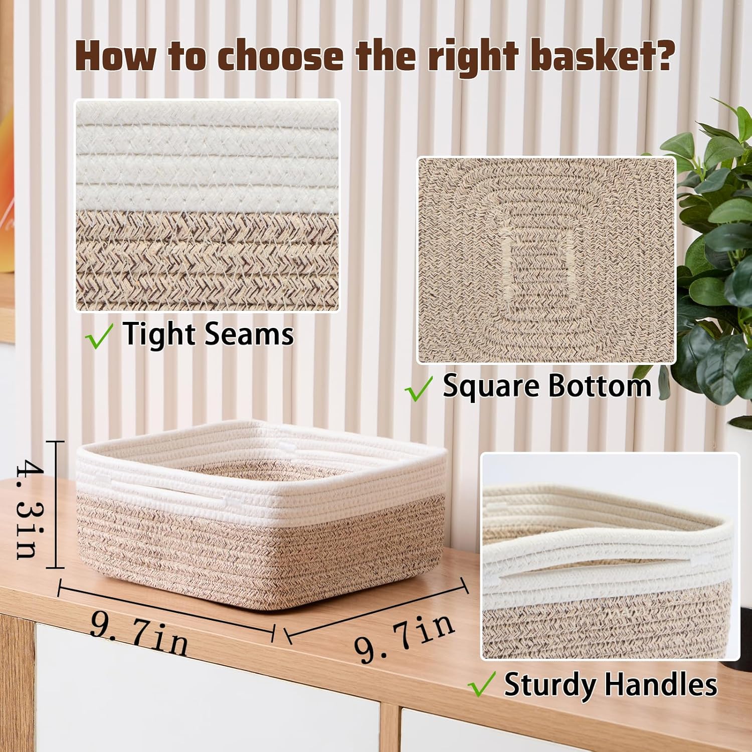 Rope Woven Storage Bins for Cubes / L9.7xw9.7xh4.3 / Off White & Mixed Brown / 9.7 x 9.7 x 4.3