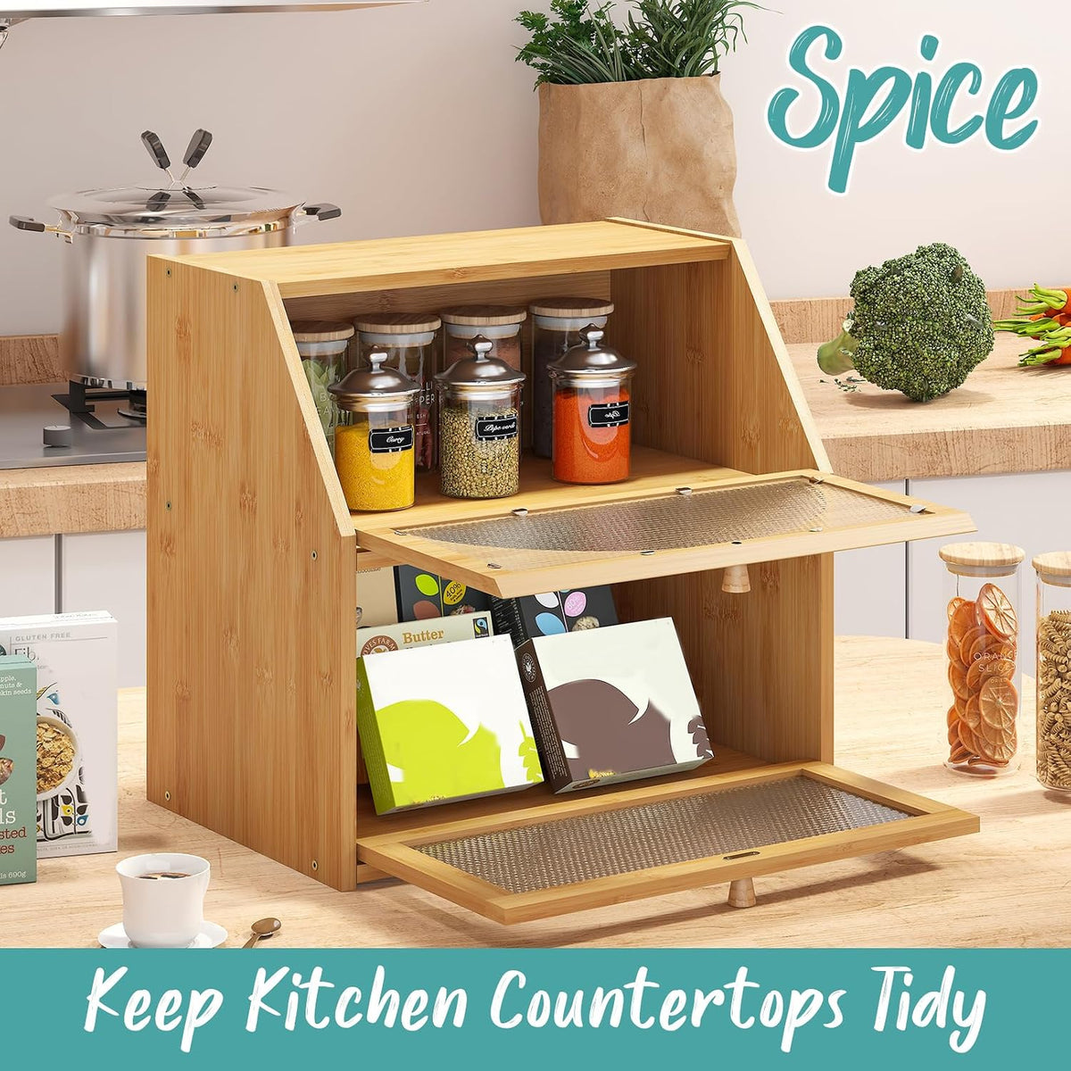 Extra Large Bread Box for Kitchen Counter, Bamboo Wood Double Layer Bread Box for Kitchen Counter, Wooden Capacity