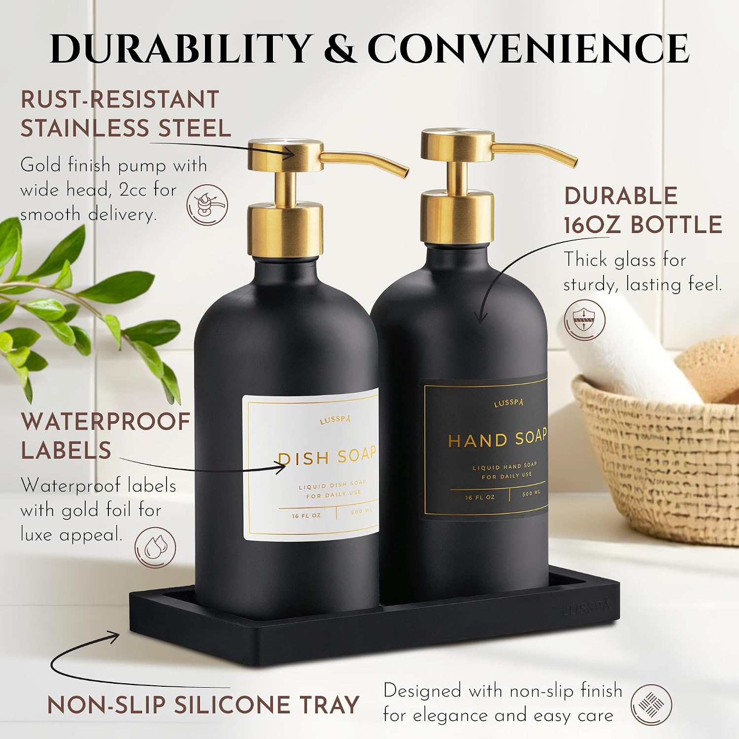 Glass Soap Dispenser Set of 2 (Black) with Silicone Tray | Hand and Dish Soap Dispenser for Kitchen and Bathroom | 16.8