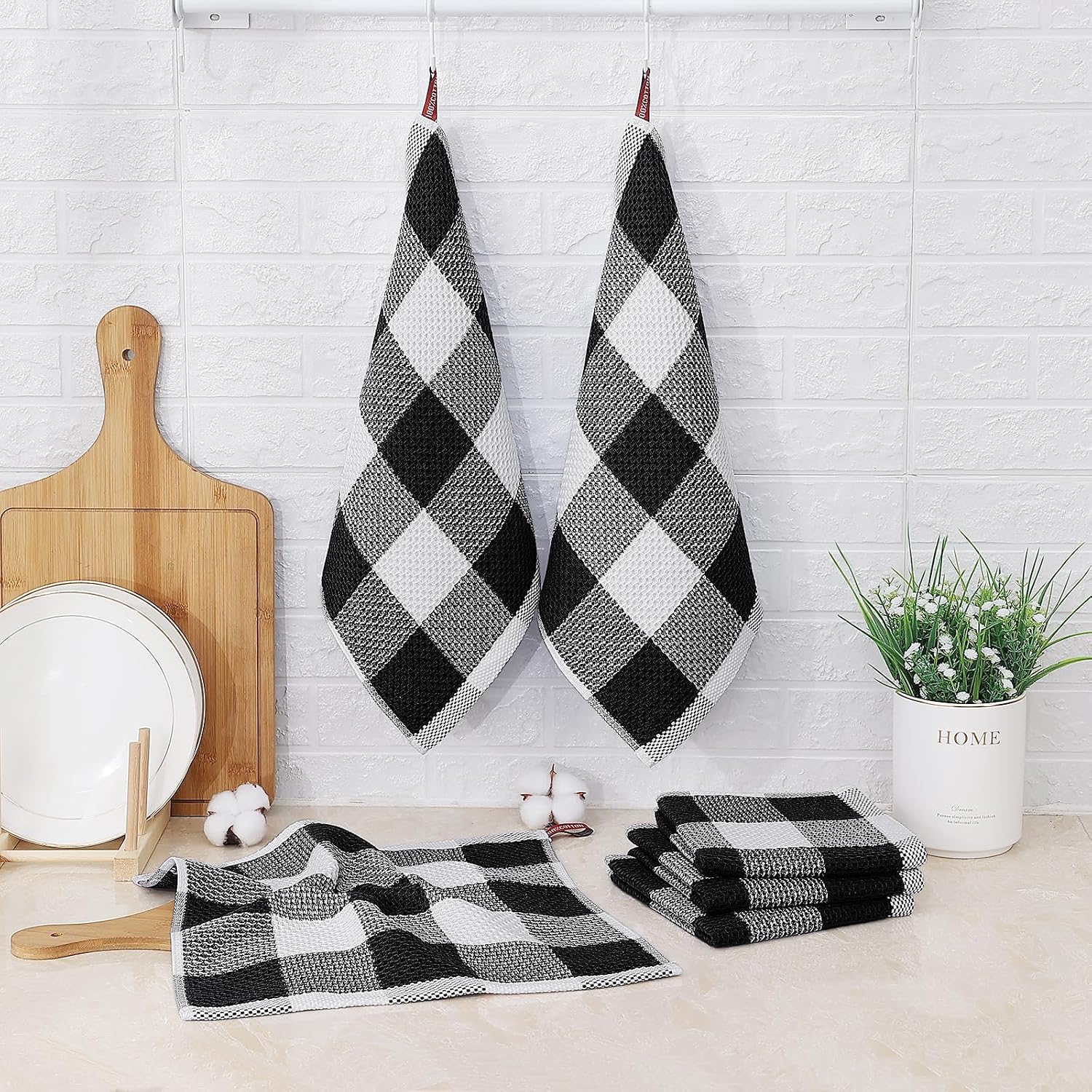Mordimy Cotton Waffle Weave Dish Cloths, 12"x 12", 12 Pack, Black & White | Super Soft and Absorbent Quick Drying