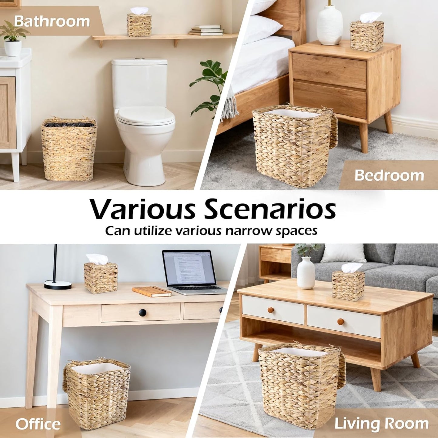 Wicker Trash Can and Handwoven Tissue Box Cover Set Rattan Waste Basket