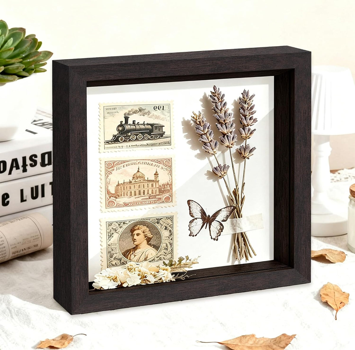 12x12 Brown Wooden Shadow Box Frame, 1.2" Deep, Tempered Glass | Black Backboard, Tabletop & Vertical/Horizontal Wall