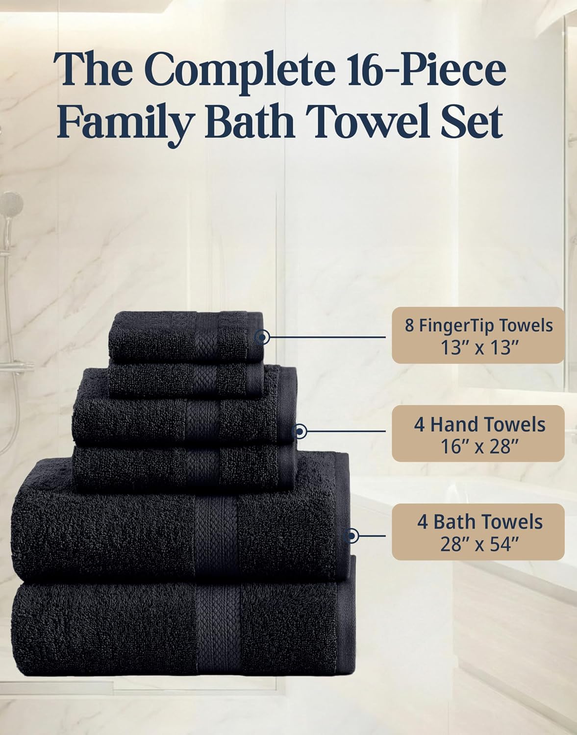 LANE LINEN Bath Towel Set Quick Dry 100% Cotton 16 Piece Soft - Black | Cotton Bath Towels - Classic Terry Weave