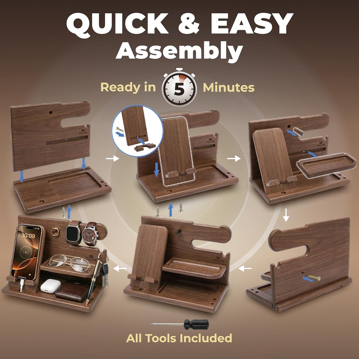 TESLYAR Wood Phone Docking Station for Men - Desk or Nightstand Organizer - Birthday Gifts for Husband or Dad