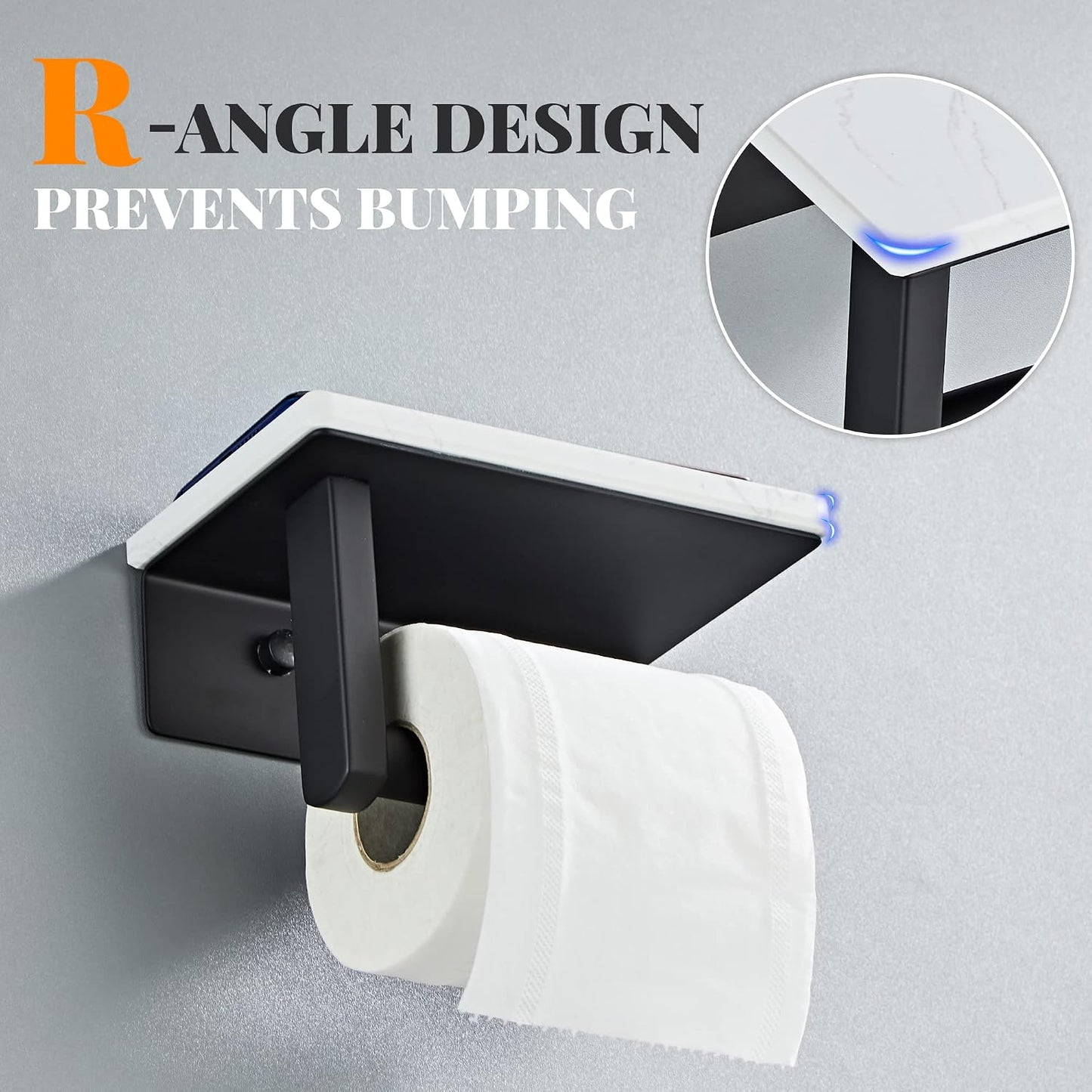 Matte Black Toilet Paper Holder with Marble-Look Shelf, Wall Mounted SUS304 Stainless Steel Toilet Roll Holder with