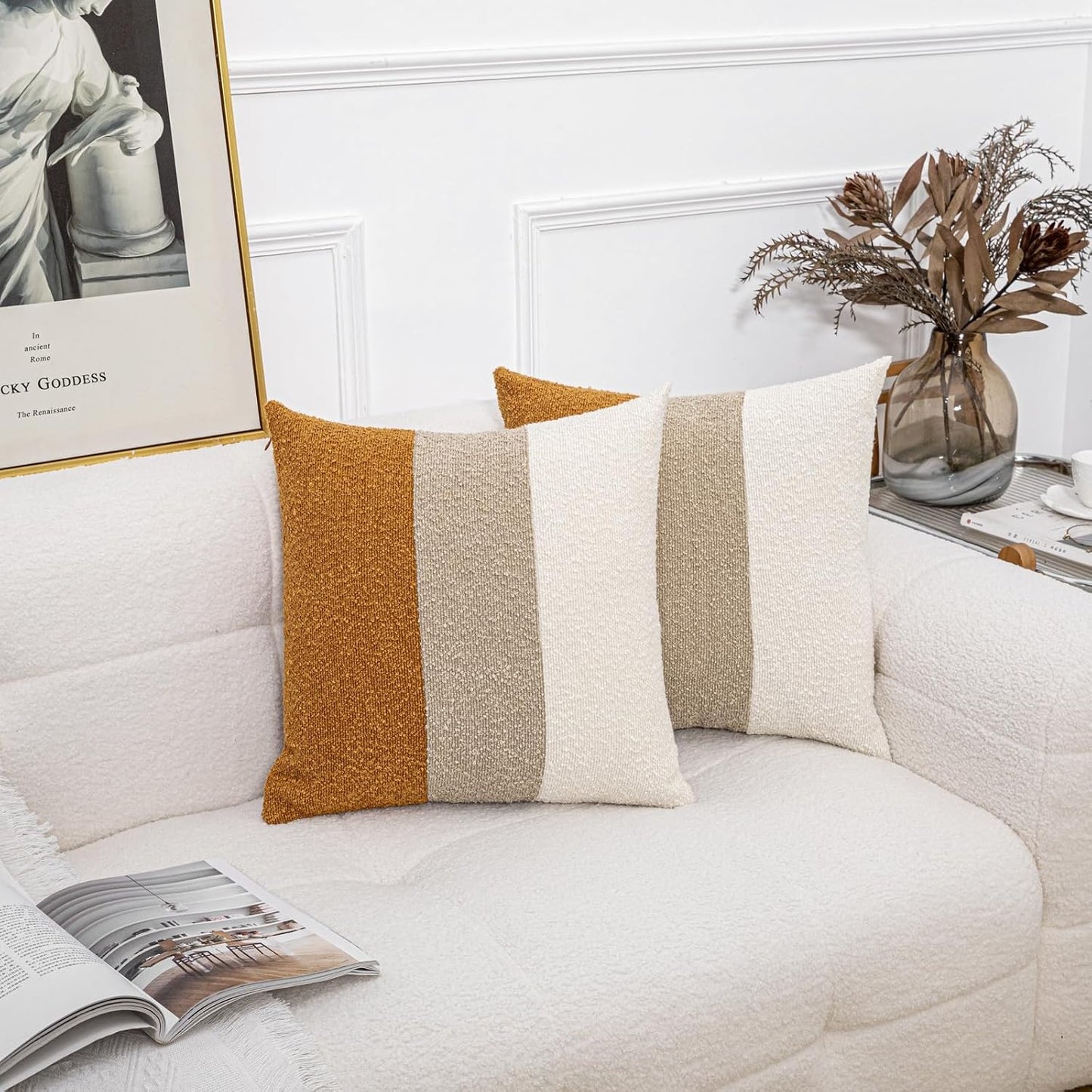 Decorative Textured Boucle Pillow Covers Modern / 18 x 18 / Cream/khaki/orange Brown / Set of 2