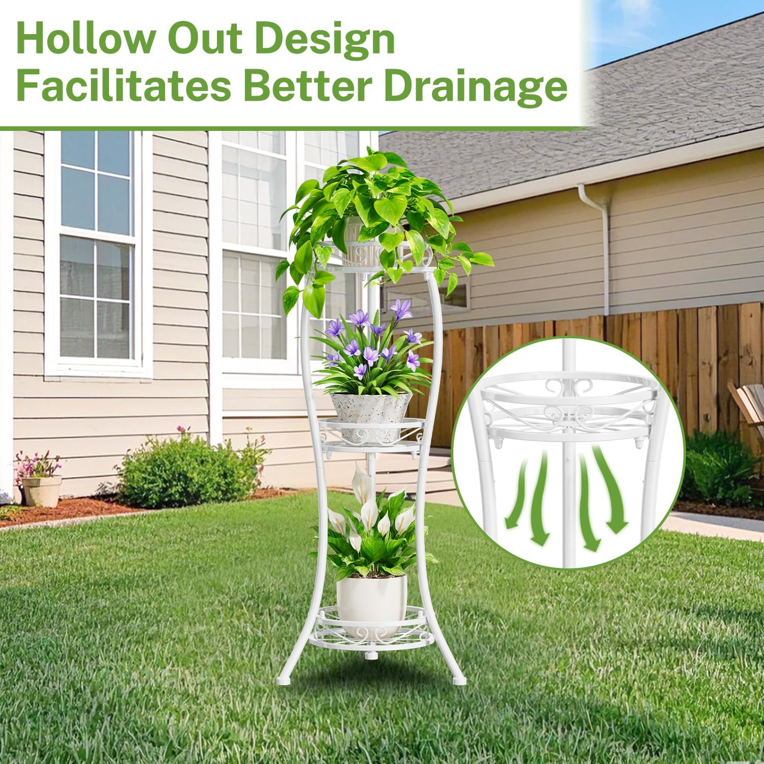 iDavosic.ly 3 Tier Metal Plant Stand Outdoor Indoor, 34 Inch Tall, White | Corner Flower Pot Holder Shelf, Wrought Iron