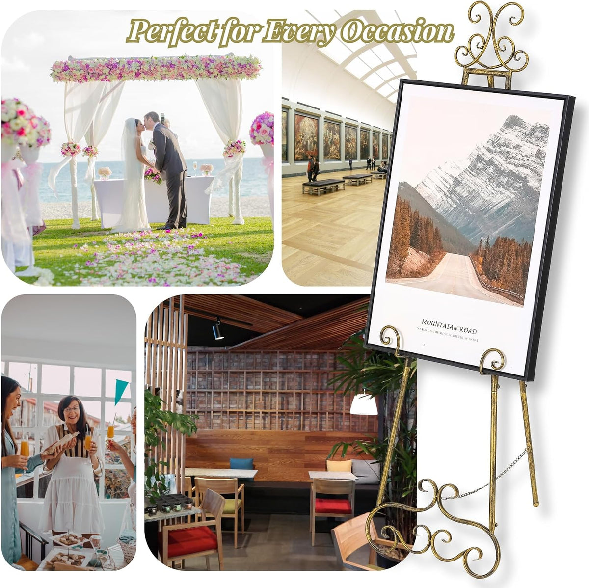 57”H Metal Easel Stand for Sign Vintage Gold Large Adjustable | Free Standing Display Scroll Easel Stand, Heavy Duty