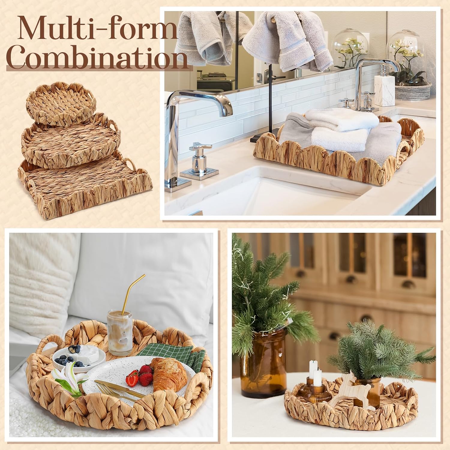 Handles 3 Sizes Decorative Seagrass Tray / Set of 3