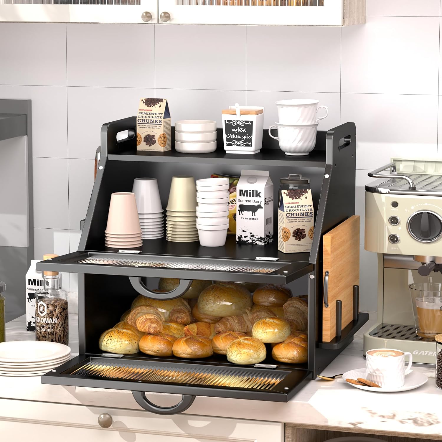 Bread Box for Kitchen Countertop, Large Bread Storage Container for Homemade Bread, Wooden Farmhouse Breadbox