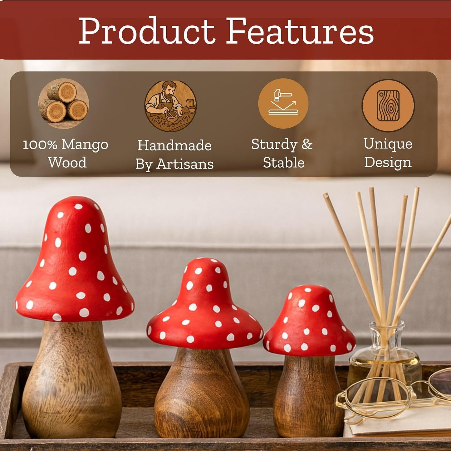 Wooden Mushroom Decor Figurines / Set of 3