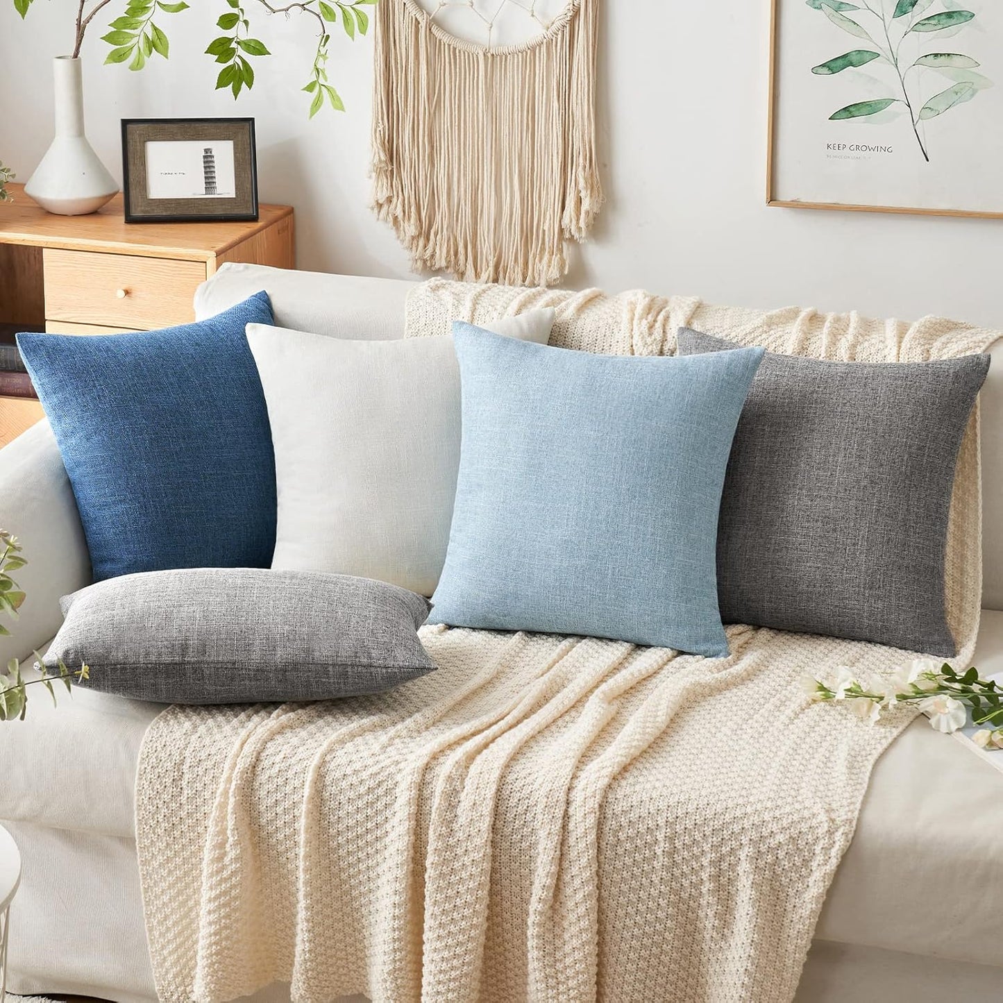 Decorative Linen Burlap Coastal Pillow Covers Farmhouse Accent / 18 x 18 / Blue / Set of 2