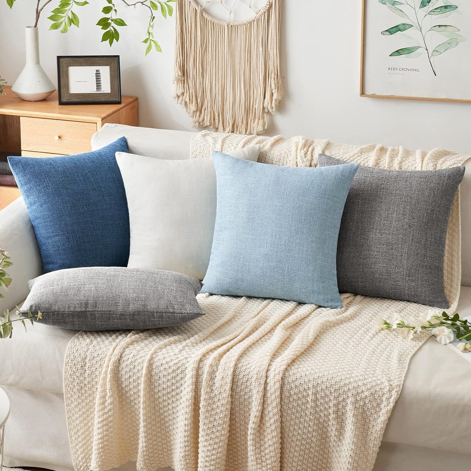 Decorative Linen Burlap Textured Pillow Covers Farmhouse Boho / 18 x 18 / Light Blue / Set of 2