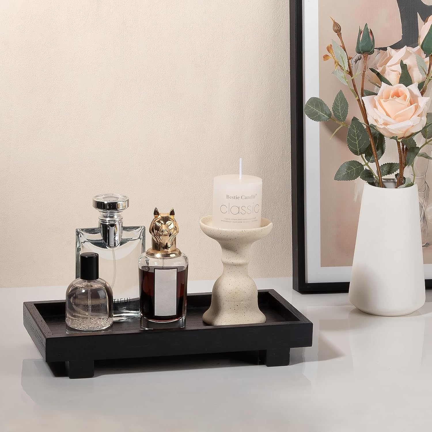 Decorative Tray Small Pedestal Stand Farmhouse Bathroom Decor Wooden / Black / 10.8 x 5.3 x 1.7